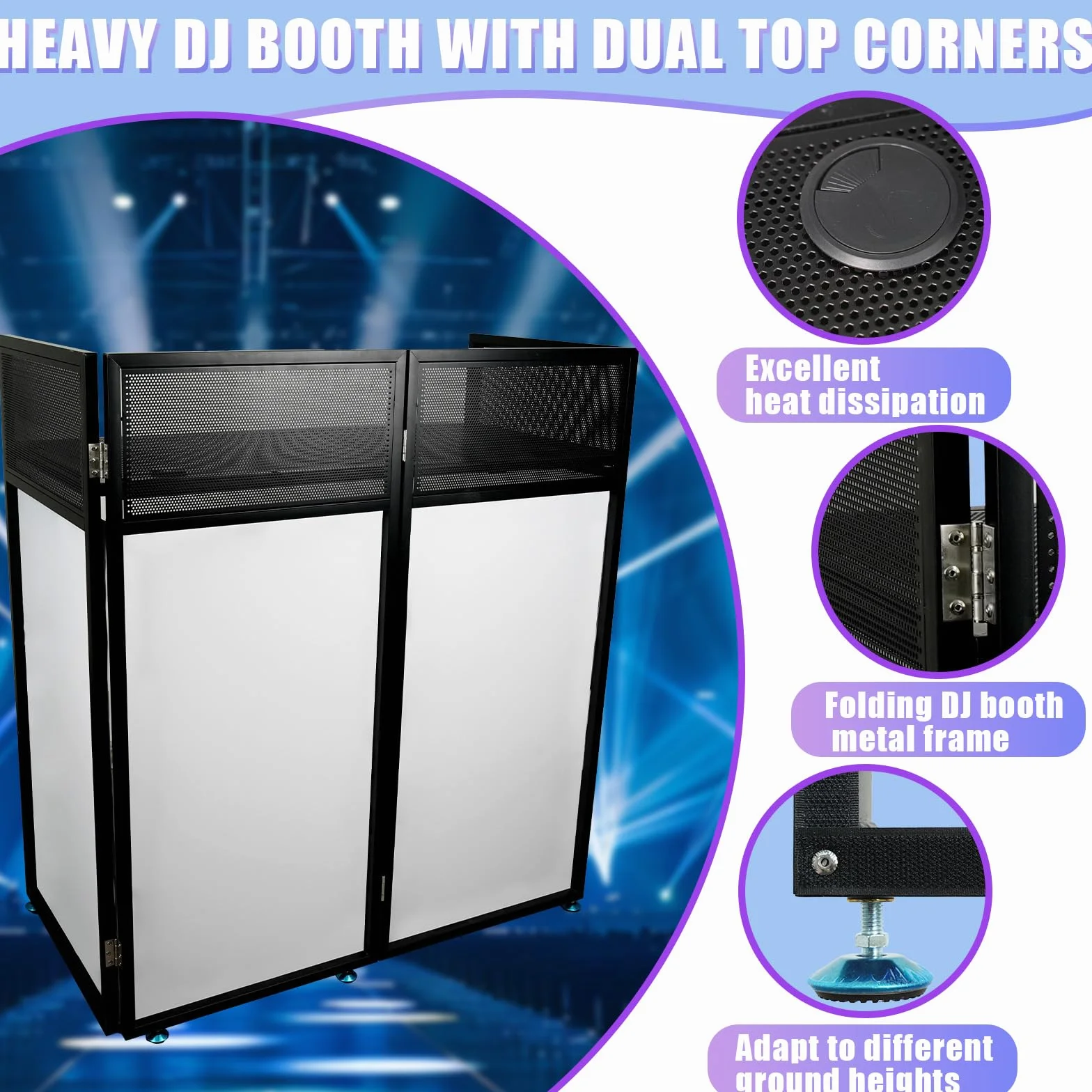 Cabina de DJ portátil, 108 x 53,5 x 118 cm, fachada de DJ con scrims negros y blancos, marco de metal negro, consola plegable de DJ de altura ajustable para eventos, fiestas, bodas