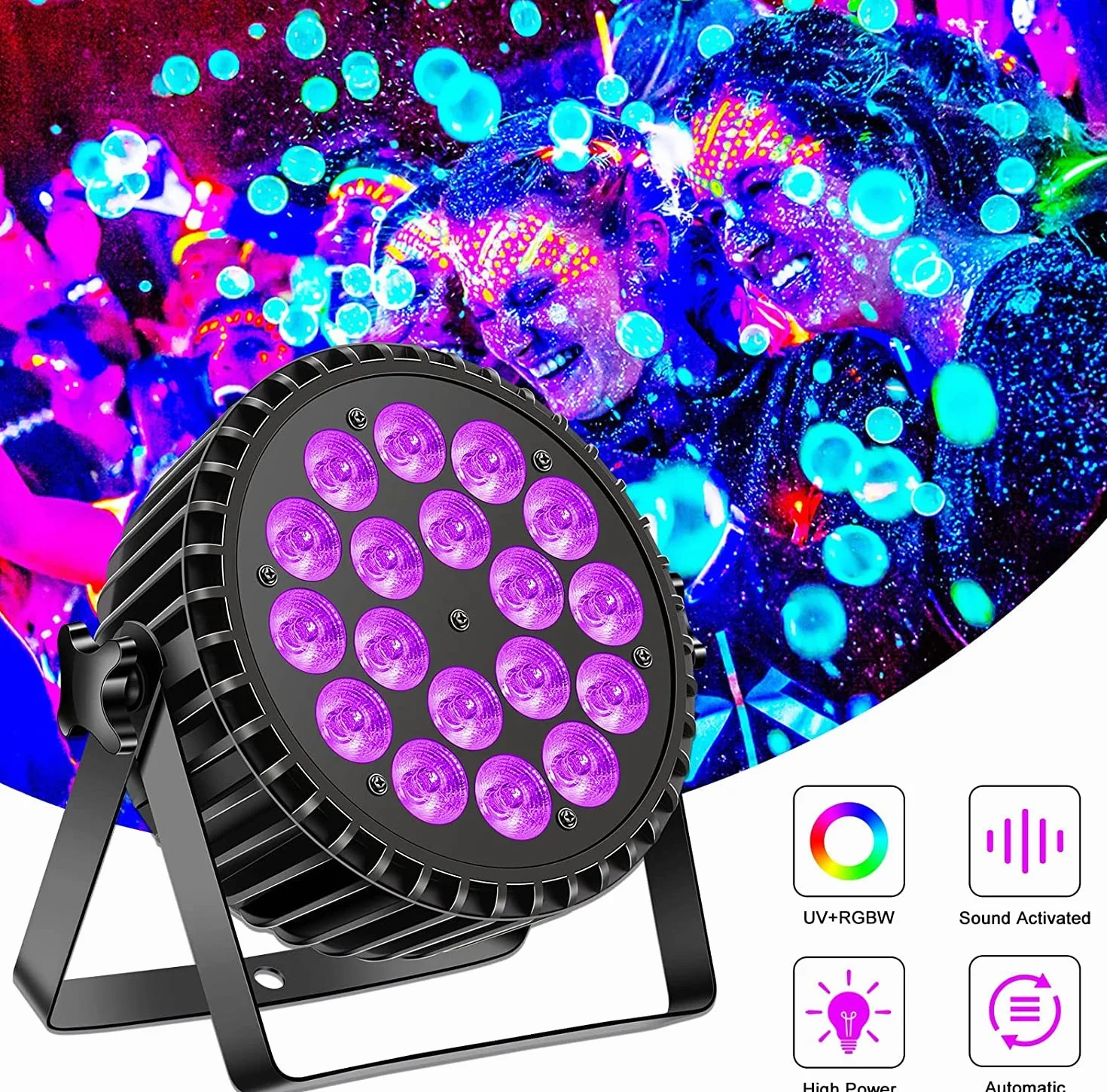 Foco LED par de 200 W con estuche de vuelo, RGBW UV luz negra, 18 LED, luz de escenario, luz de fiesta DMX512 para fiesta, bar, Navidad, Halloween, boda (5 unidades)