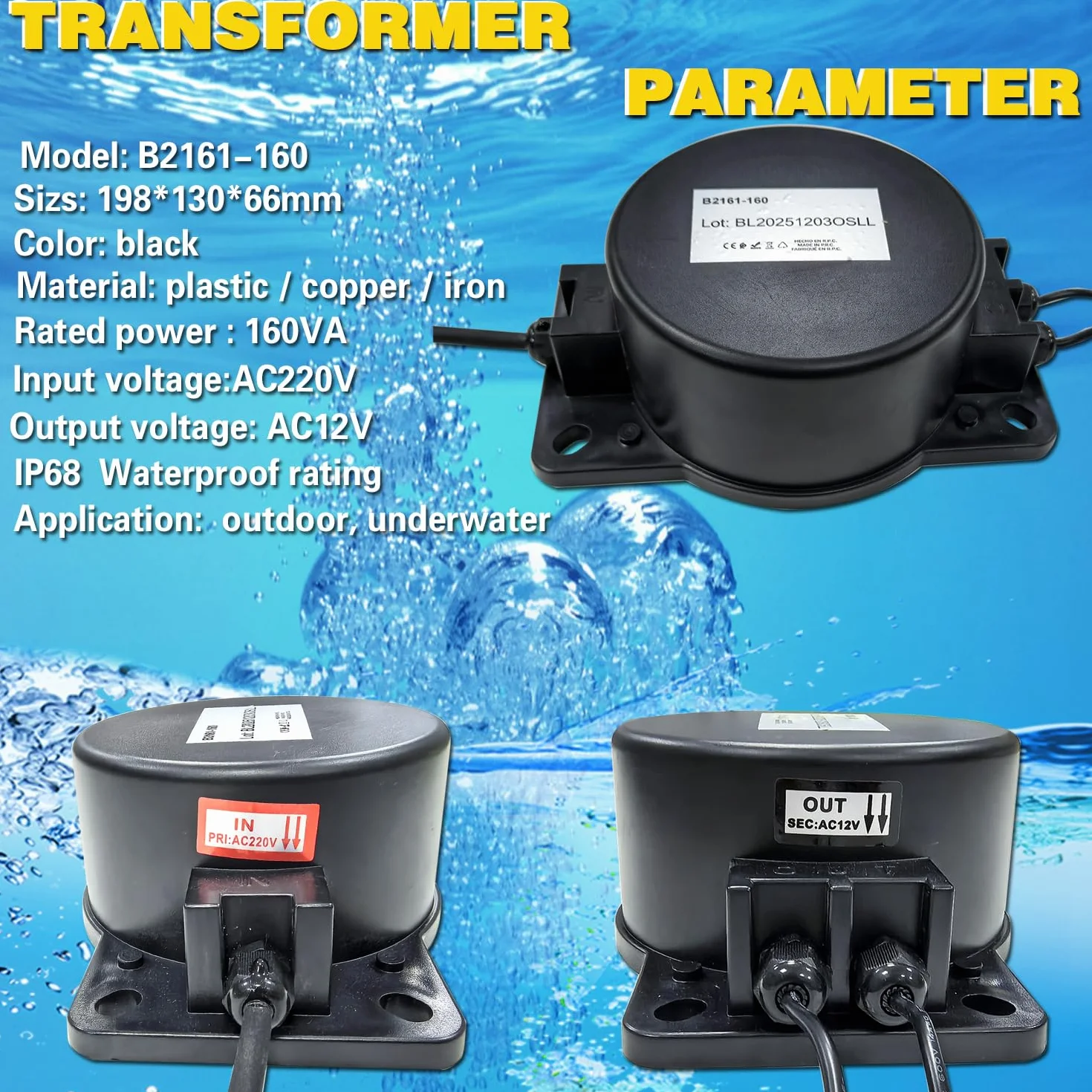 BARCELONA LED Transformador 160W AC220V a AC12V IP67 Impermeable para Luces LED de Piscina Fuente Estanque - Fuente de Alimentación 12V AC Estanca para Focos Subacuáticos Piscina y Jardín