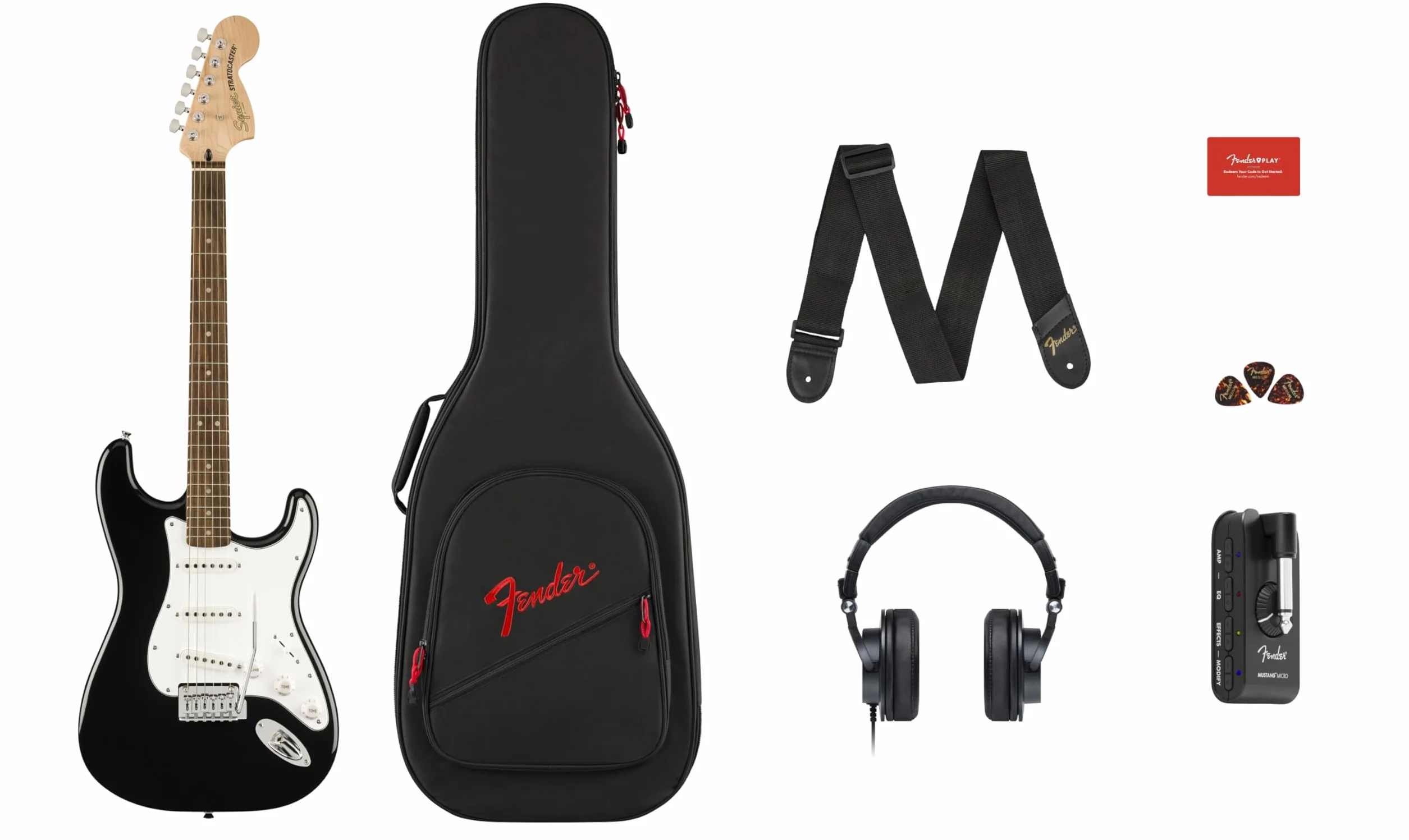 Paquete de guitarra eléctrica Squier by Fender Affinity Series™ Stratocaster®: incluye Mustang™ Micro, auriculares HD9, correa, púas, funda y Fender Play