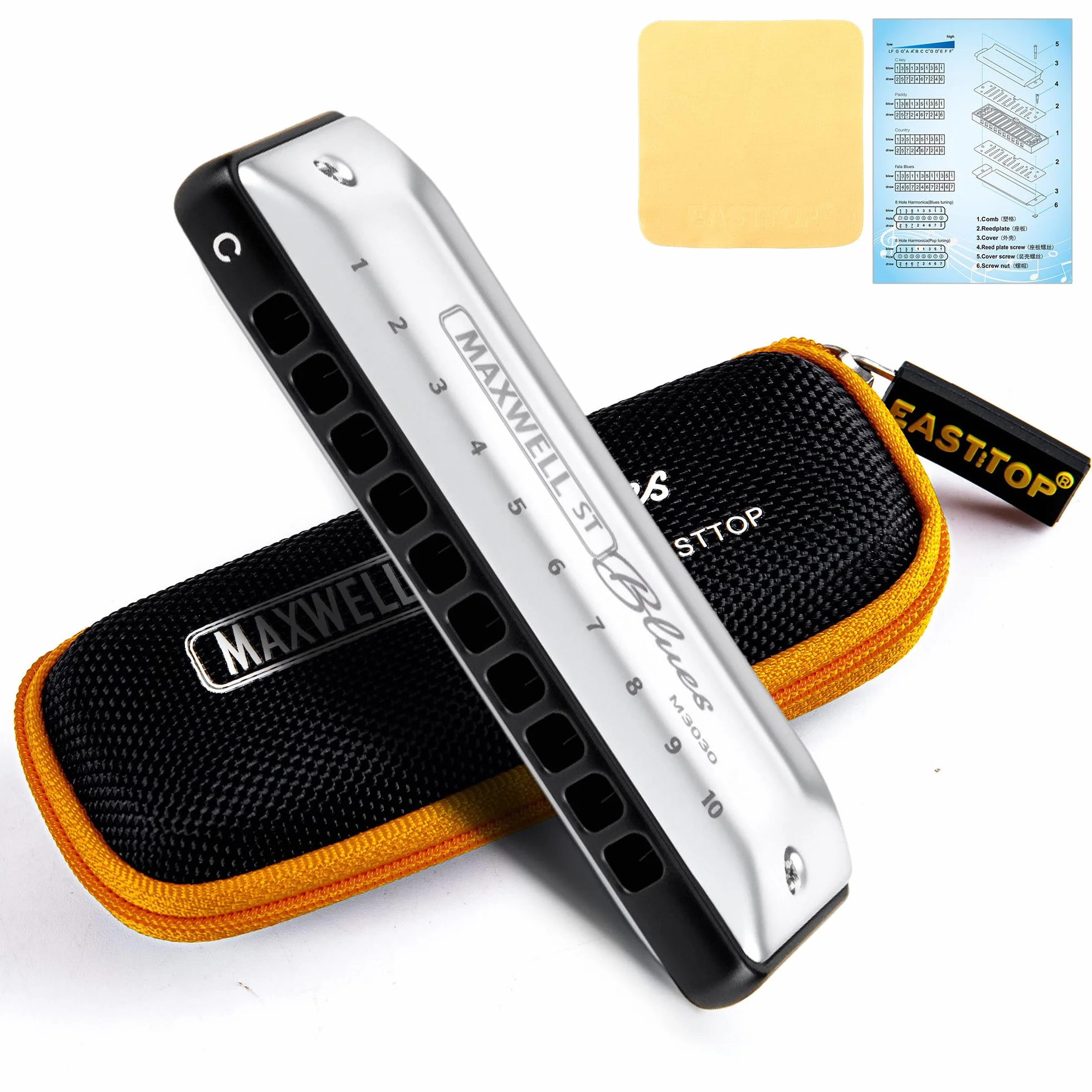 East parte superior Harmonica, armónica avanzada de sobresoplado y flexión, órgano de boca de arpa azul de 10 agujeros con cubierta plateada, armónicas azules para adultos, profesionales y estudiantes