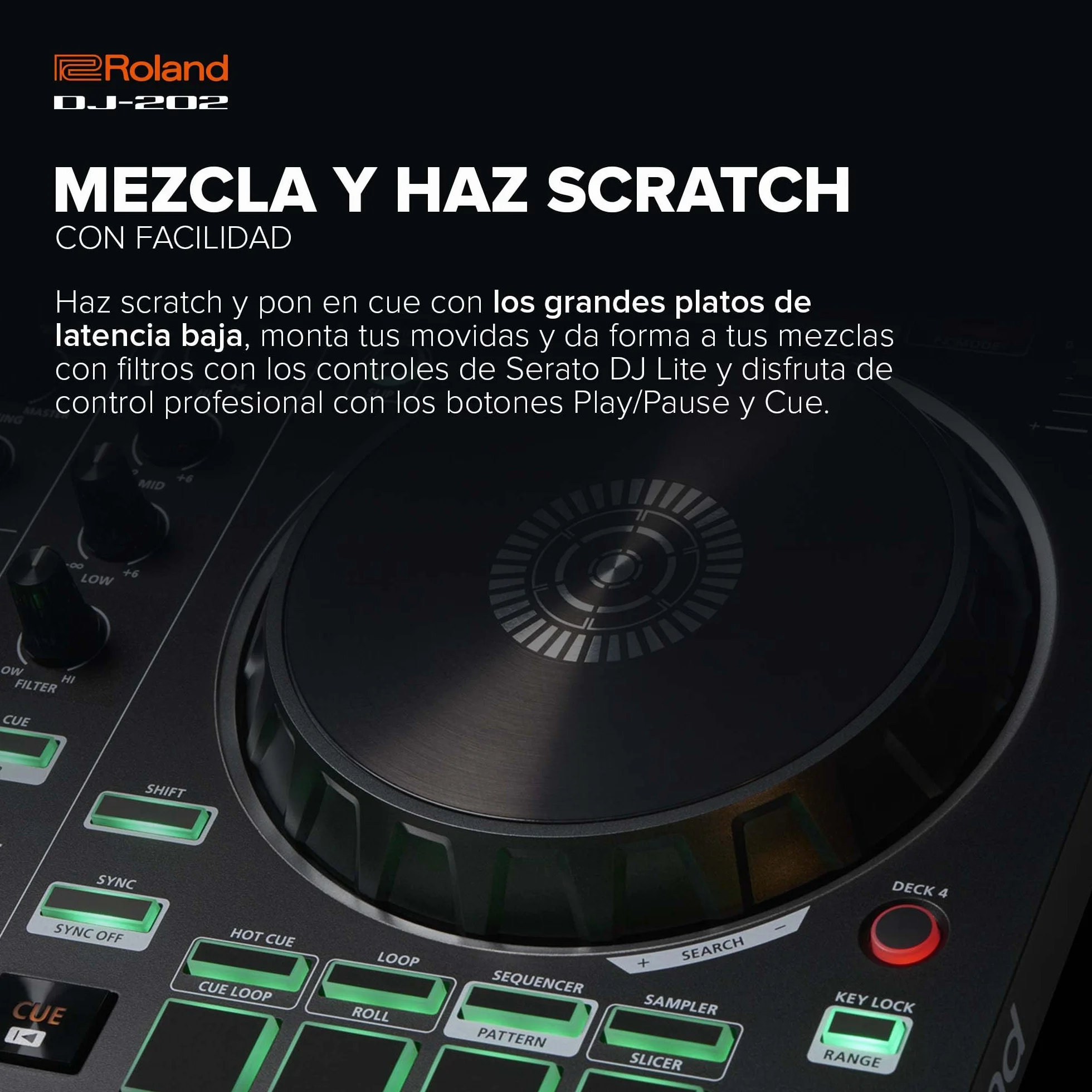 Roland DJ-202 Controlador de DJ compacto | Controlador de 4 decks y 2 canales para Serato DJ Lite | Platos grandes y de baja latencia | Míticos sonidos de baterías Roland | Compatible con Spotify