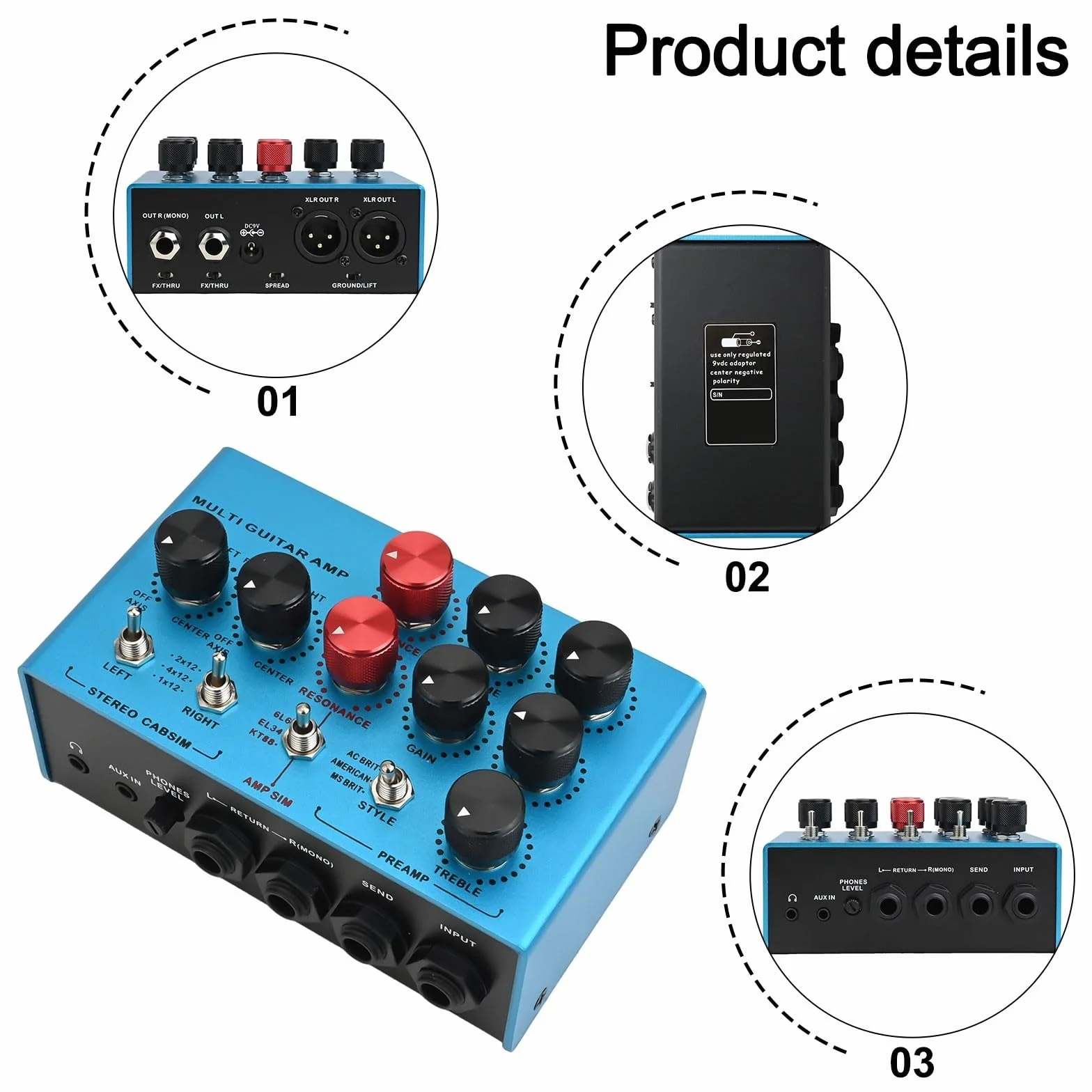 MOSKYAUDIO - Pedal de simulador de amplificador de guitarra, estación de bucle SIM de cabina estéreo con placa de procesador de múltiples efectos, caja de preamplificador de guitarra eléctrica con