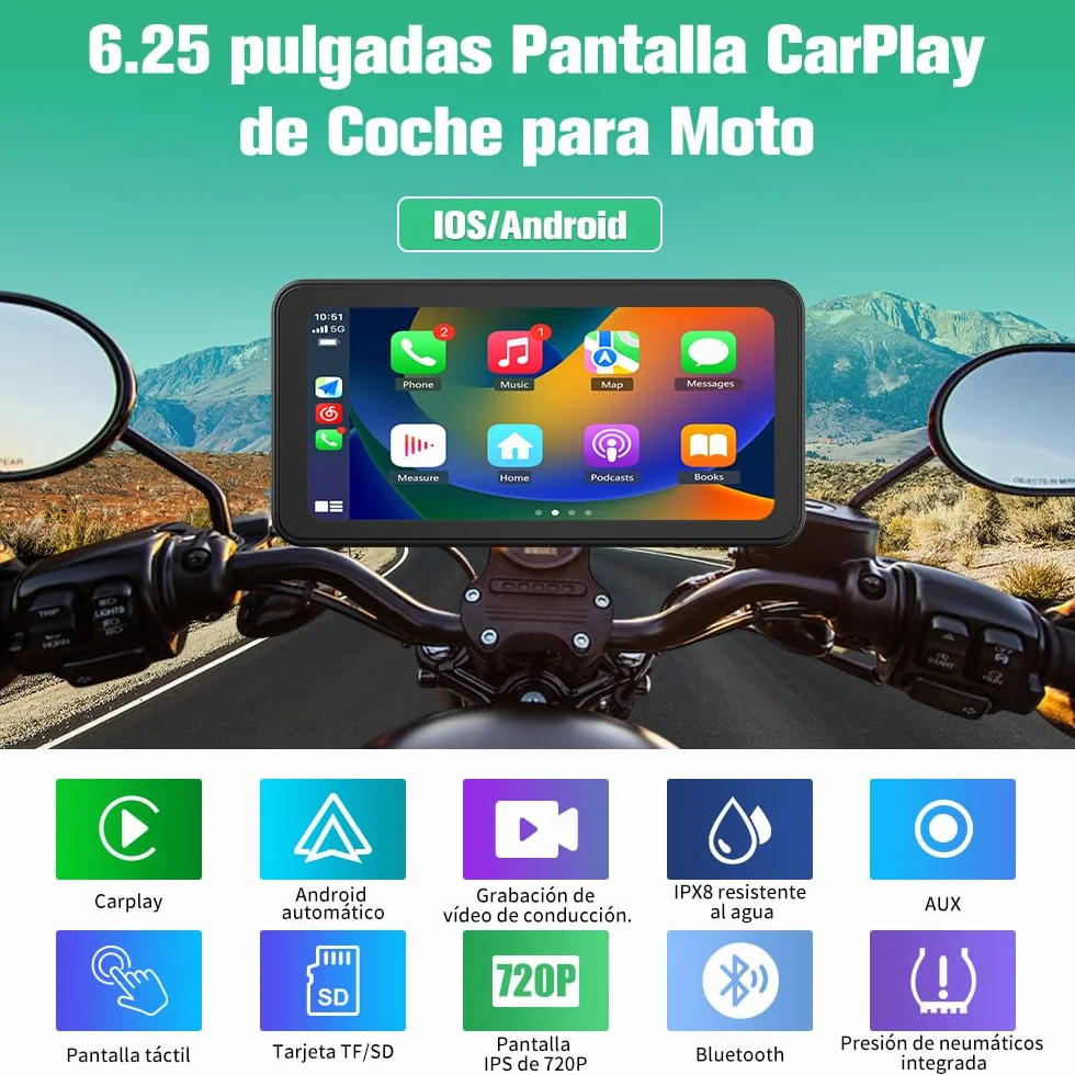 AWESAFE 6.25" GPS Moto Pantalla con Advertencia de Presión de Neumáticos/Cámara Frontal/Bluetooth/GPS/Siri/Asistente de Go0gle/Resistente Al Agua IPX8,Pantalla Moto Carplay y Android Auto Inalámbrico
