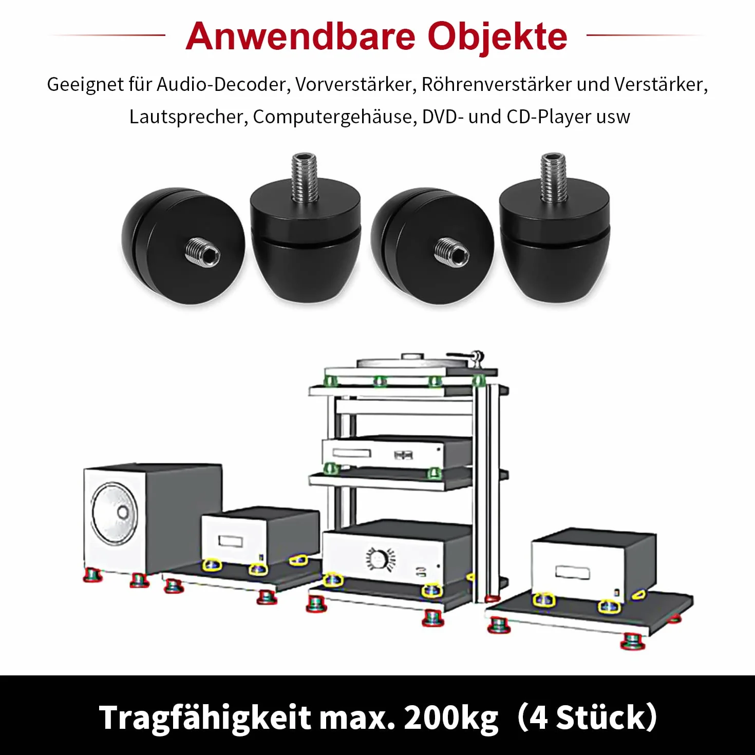 Tertullus 4 Pies para Altavoces Negros, Amortiguadores de Aluminio, Pies Absorbentes