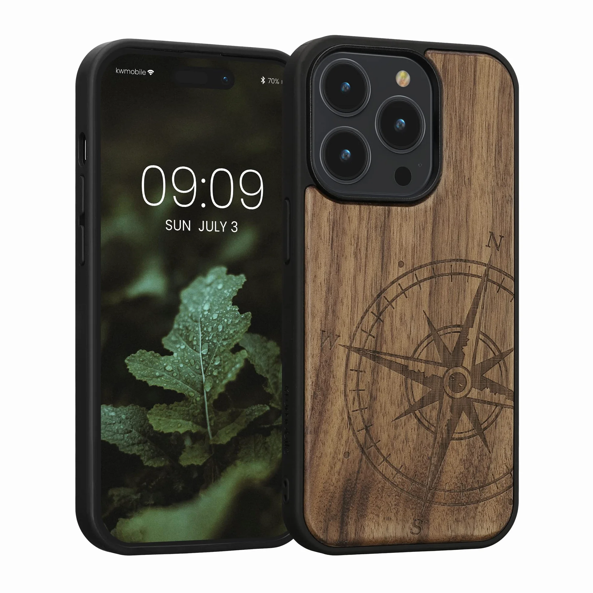 kwmobile Funda para Apple iPhone 14 Pro - Carcasa de Madera con Bumper Antigolpes y Aguja Magnética