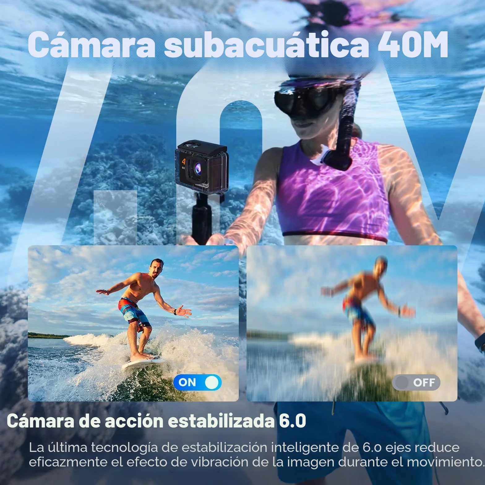 Cámara Deportiva 4K 60FPS WiFi EIS Antivibración 48MP Subacuática 40M 8X Zoom 64GB 2 Baterías 1350mAh