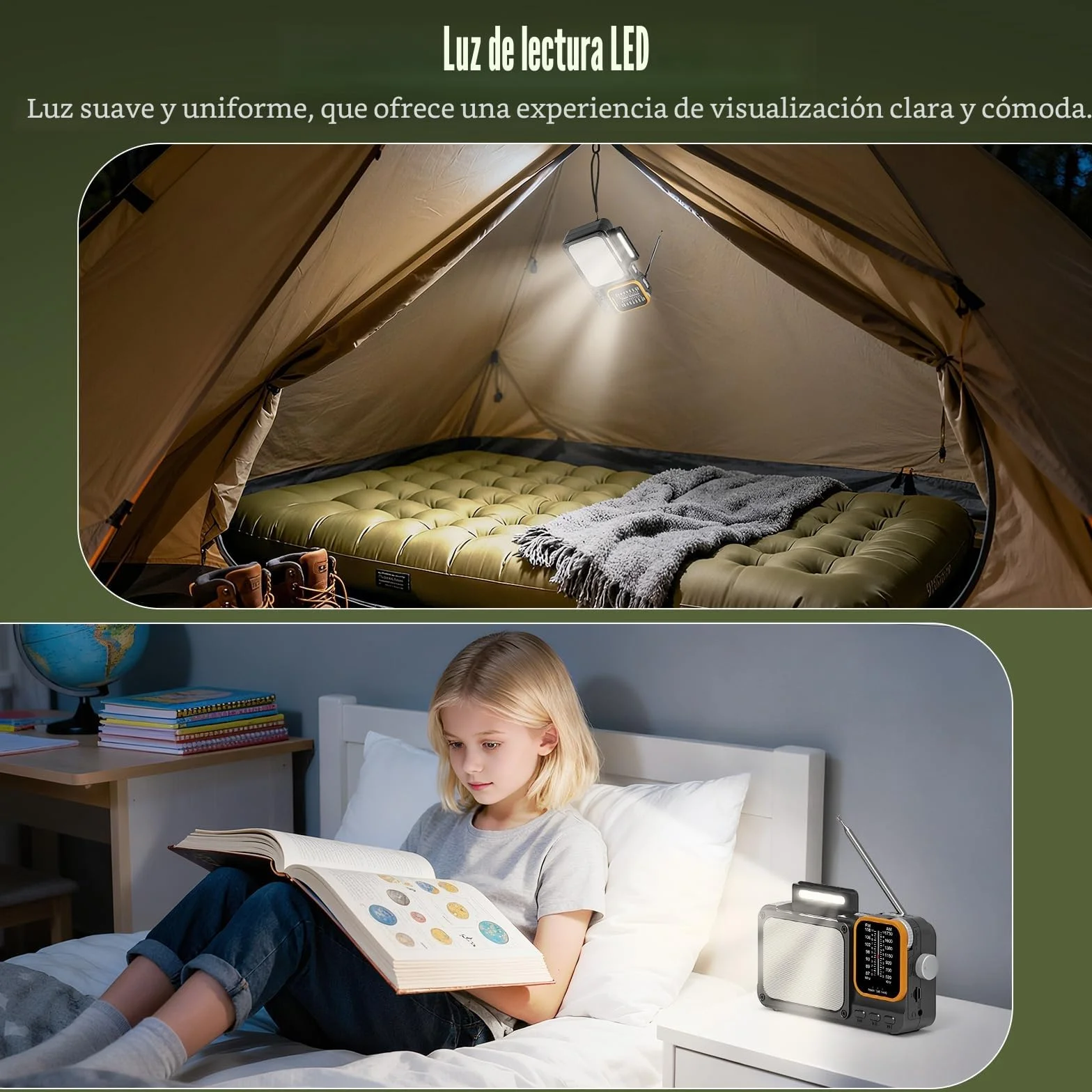 Tendak Radio portátil FM AM 2400 mAh, batería recargable, Bluetooth, TF, USB-C, lámpara
