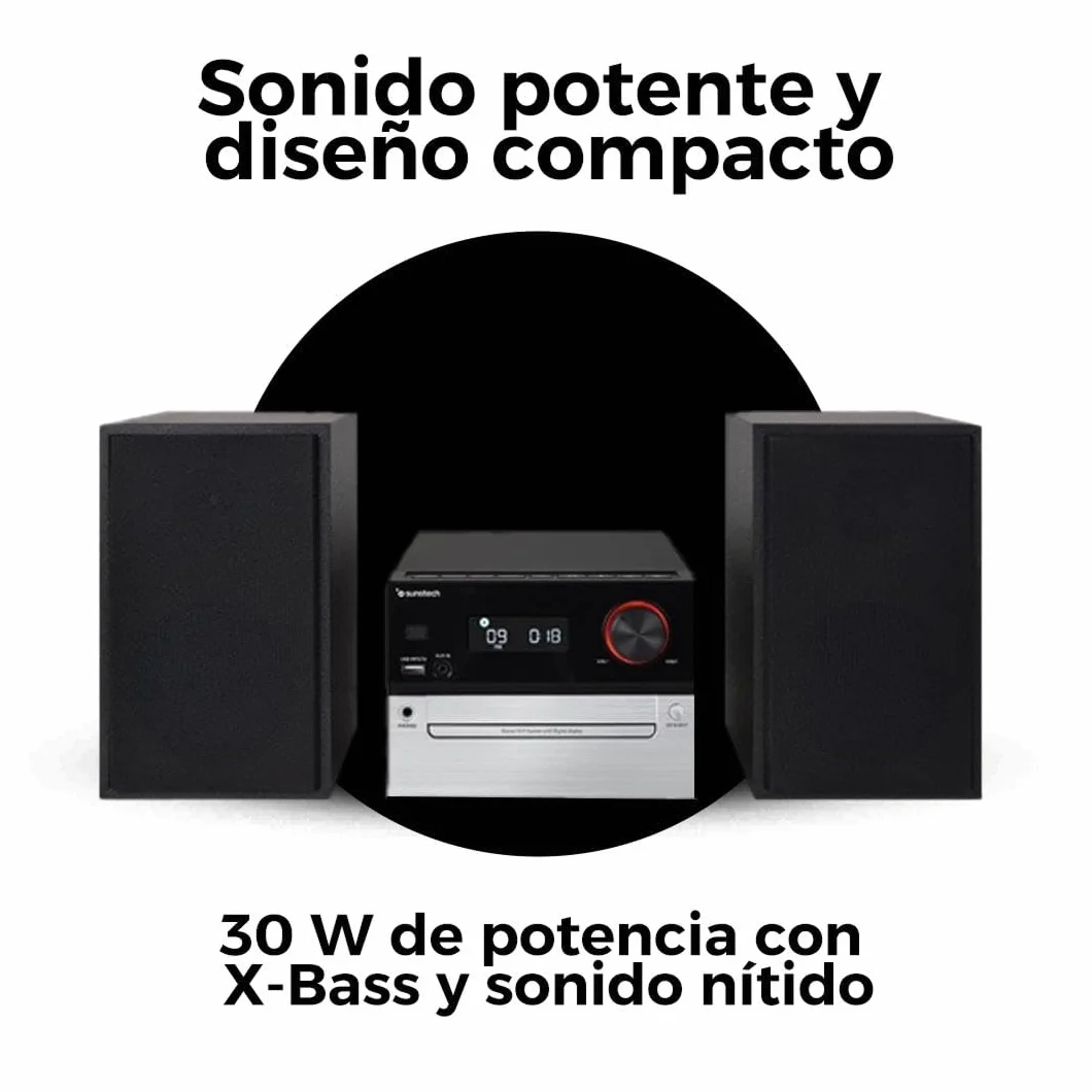 Sunstech Sistema Hi-Fi con conexión inalámbrica 5.3 + EDR | Microcadena con 30 W de Potencia, Reproductor CD/CD-R/MP3, Radio FM con 40 presintonías, Puerto USB y Entrada AUX-IN 3.5 mm