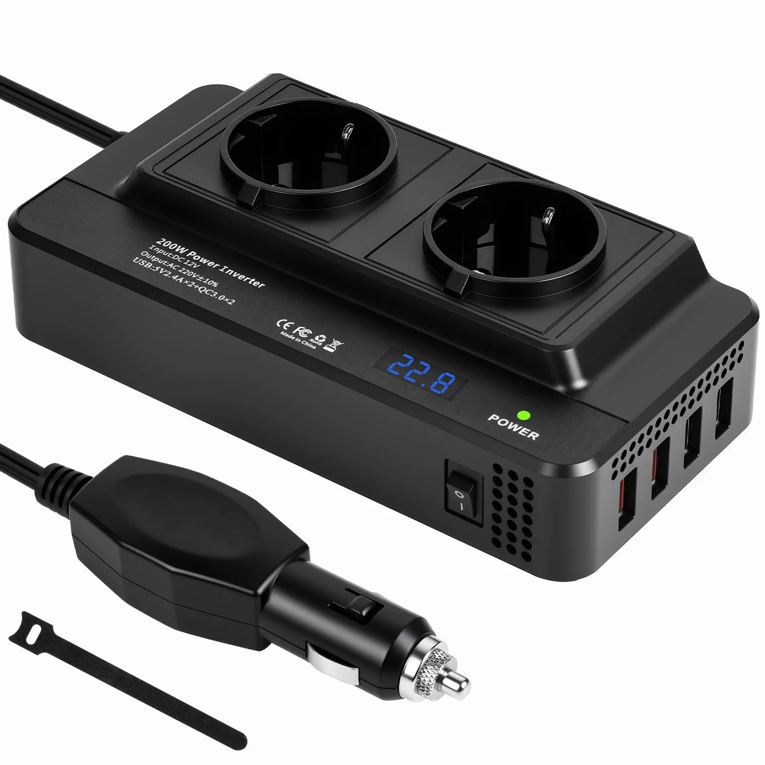 URAQT Inversor para Coche, Inversor de Corriente, Transformador de tensión DC 12 V a AC 230 V 200W con 4 Puertos USB y 2 enchufes UE-USB 3.0 y USB 2.0, Convertidor de Voltaje para Coche, Camping, RV