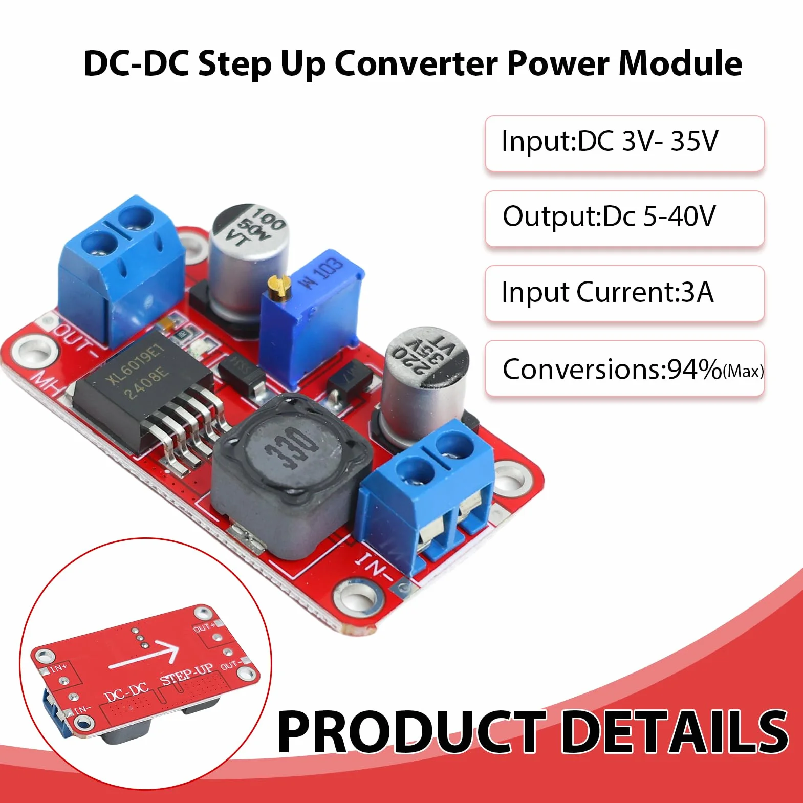 3 Piezas Módulo Step-Up Convertidor de Voltaje Ajustable DC 3V-35V a 5V-40V XL6019 Boost Converter Adaptador de Alimentación para Dispositivos Electrónicos Portátiles