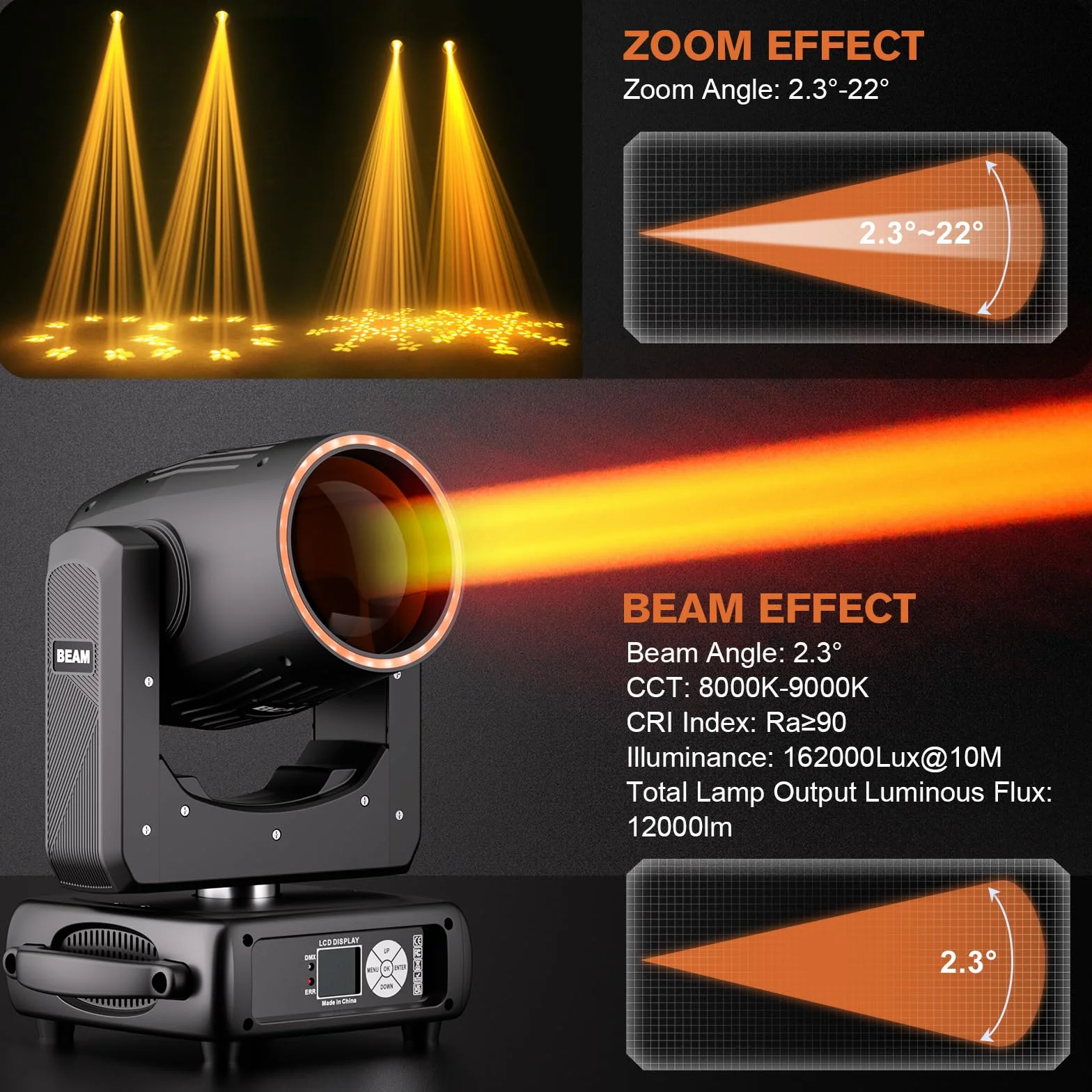 2Pcs Cabeza Móvil LED de Haz de 295W, Enfoque Electrónico 14+1 Patrones 13+1 Colores Efecto de Atomización de 48 Prismas para Escenario Club DJ Fiesta Boda Navidad