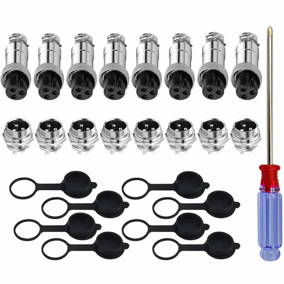 8 Set GX12 3-Pin Aviación Conector, 5A Enchufe, 12mm Macho Hembra Metal Conector, con Goma Tapa Protectora y Destornillador Phillips