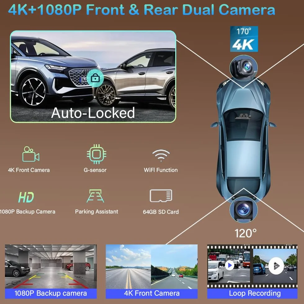 10.26" Wireless Carplay Screen 360 Rotation 4K Dash Cam Auto Stereo Backup Camera GPS Navigation
