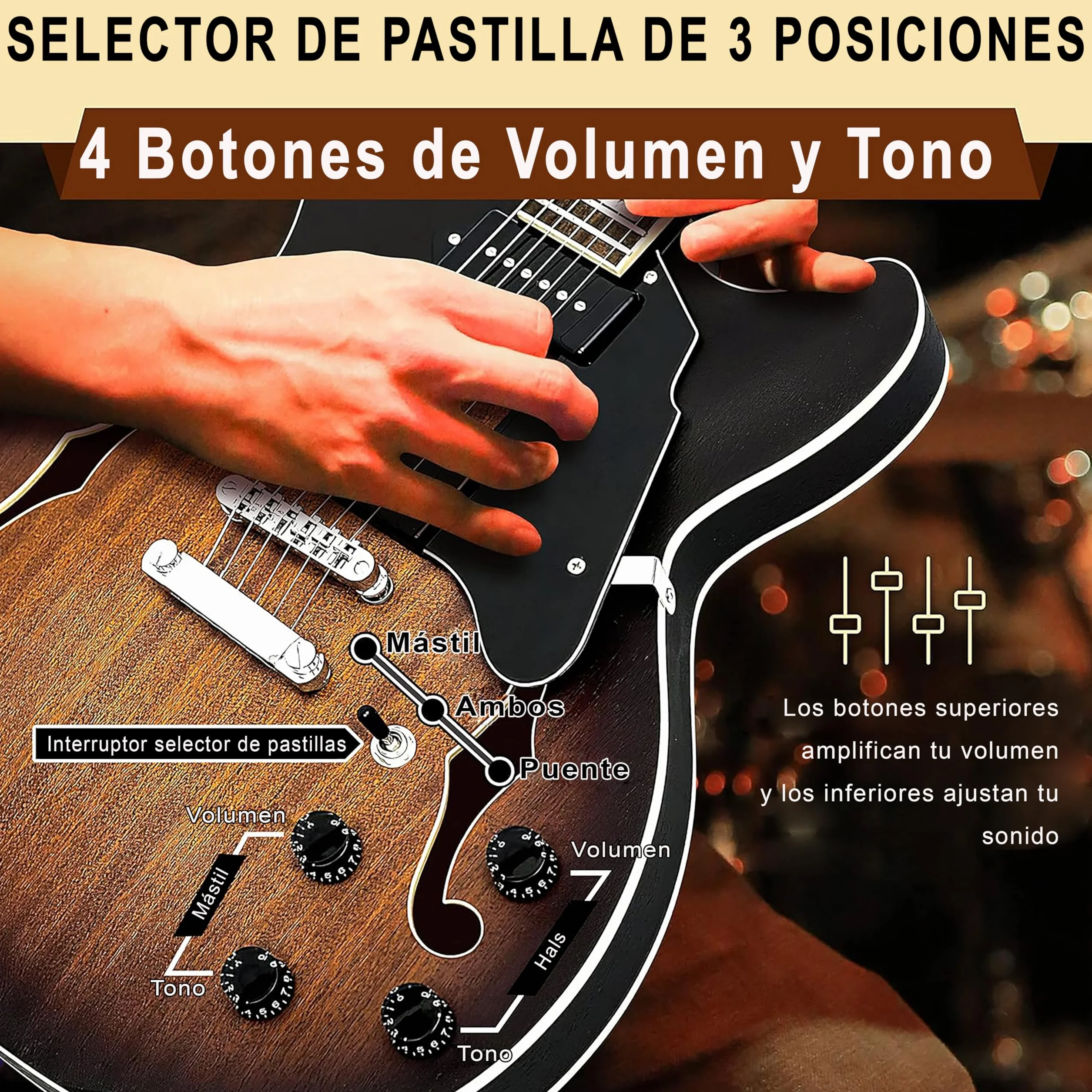 Pyle kit de guitarra electrica de cuerpo semihueco, Tamaño completo, 41.8”, Set de instrumentos de jazz con funda, Acabado mate y Sunburst