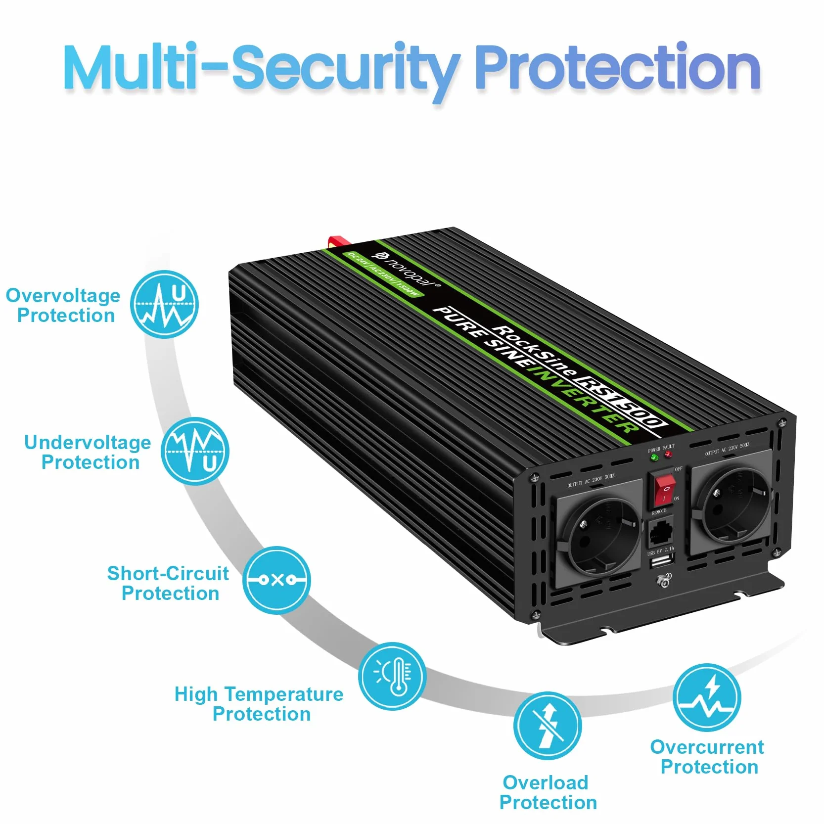 NOVOPAL Inversor 24V 230V Onda Pura 1500W Convertidor de Corriente Conversor con 5m Control Remoto para Coche Camion