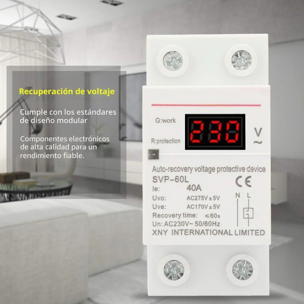 Jadeshay Dispositivo Protección Sobretensión Subtensión,230V 40A Voltaje Protector Carril DIN Recuperación Automática contra Sobrevoltaje y Bajo Voltaje con Luz Indicadora y Pantalla de Voltaje LED