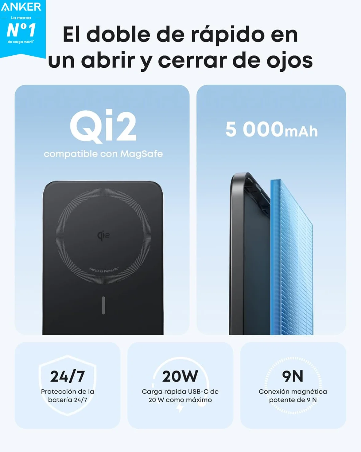 Anker Nano Certificado Qi2 15W Power Bank Magsafe ultradelgada de 5000 mAh, Cargador portátil Compatible con MagSafe,diseño ergonómico, para iPhone 17/16/15/14, Negro