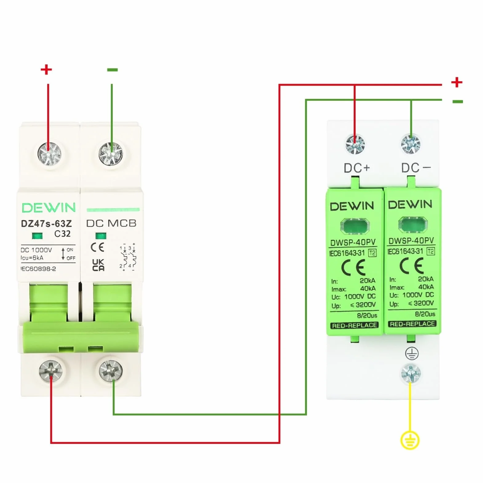 DEWIN Dispositivo de protección contra sobretensiones, 2P 40KA Dispositivo de pararrayos fotovoltaico DC 1000V Protector contra sobretensiones Dispositivo de protección contra rayos Carril DIN de 35mm