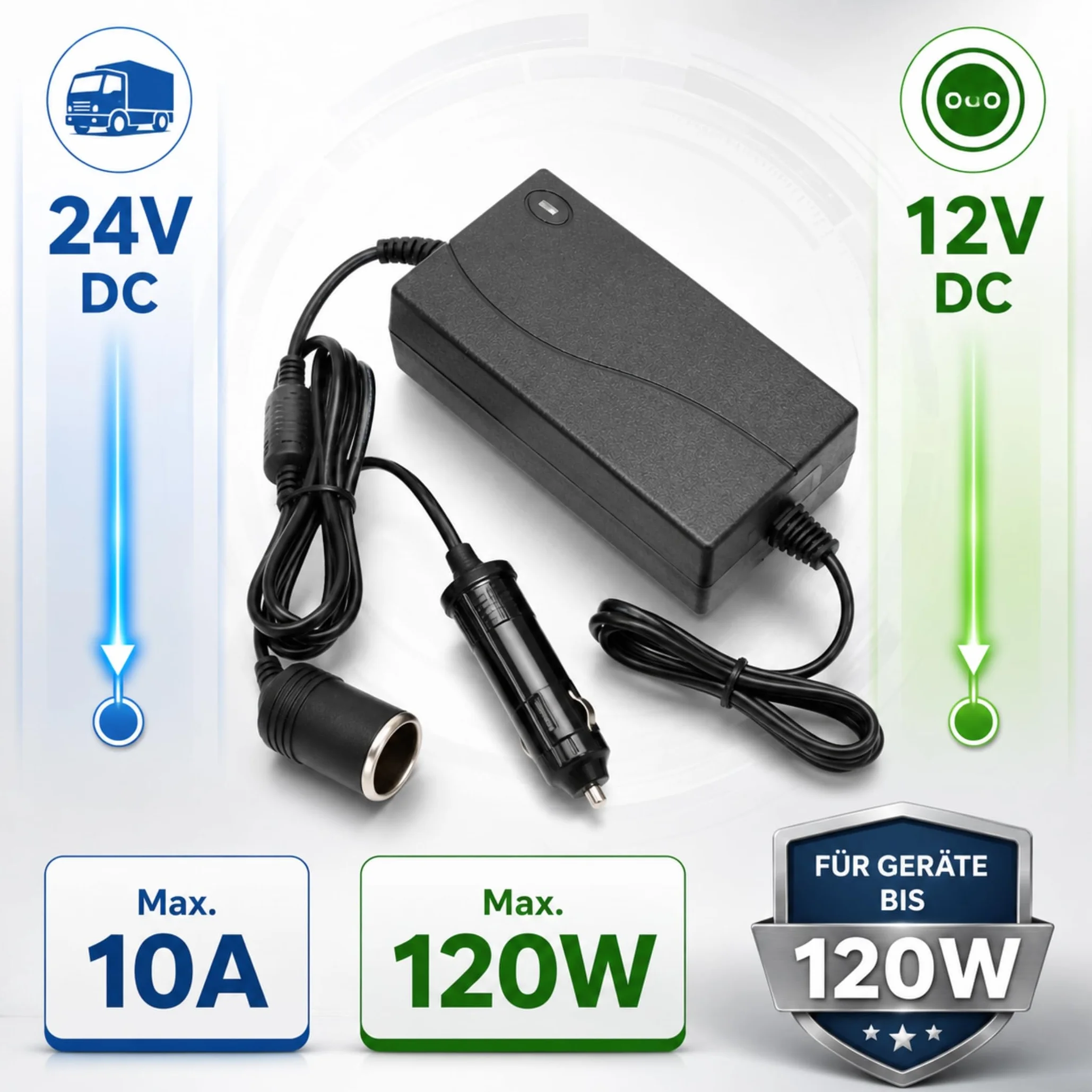 J40CS - Transformador de tensión de 24 V a 12 V, 120 W, Negro, para coche, camión, autobús y otros vehículos