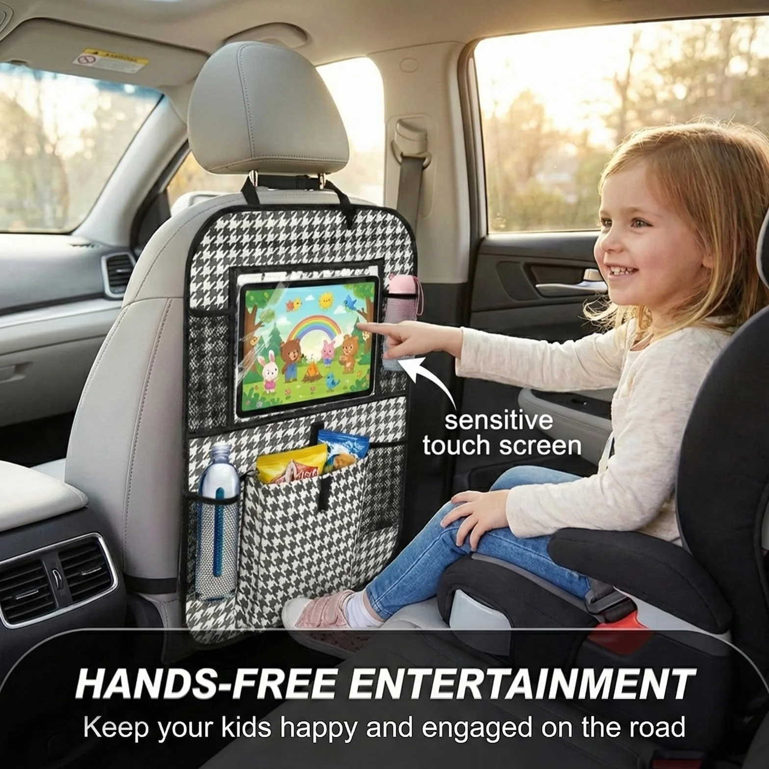 Soporte Tablet para Coche Reposacabezas Universal 4,7-13 Pulgadas para iPad y Móvil, con Portavasos y Espacio de Almacenamiento, Ideal para Tablet Niños