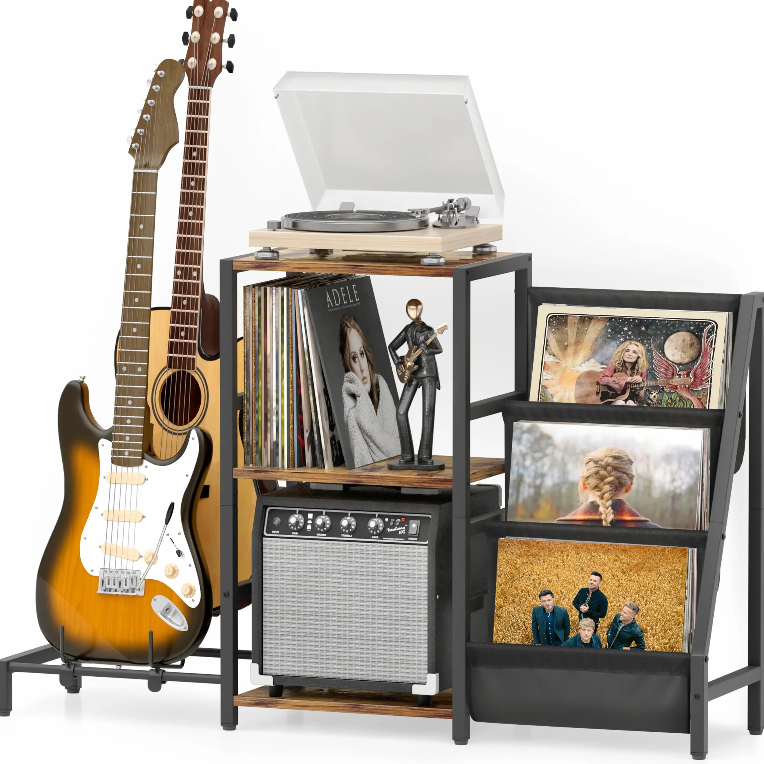 Bikoney Mueble Soporte para Tocadiscos y 200 Vinilos, Soporte de Guitarra Integrado para Eléctrica, Acústica o Bajo, Estante de 3 Niveles para Amplificador y Altavoces, Organizador de Música
