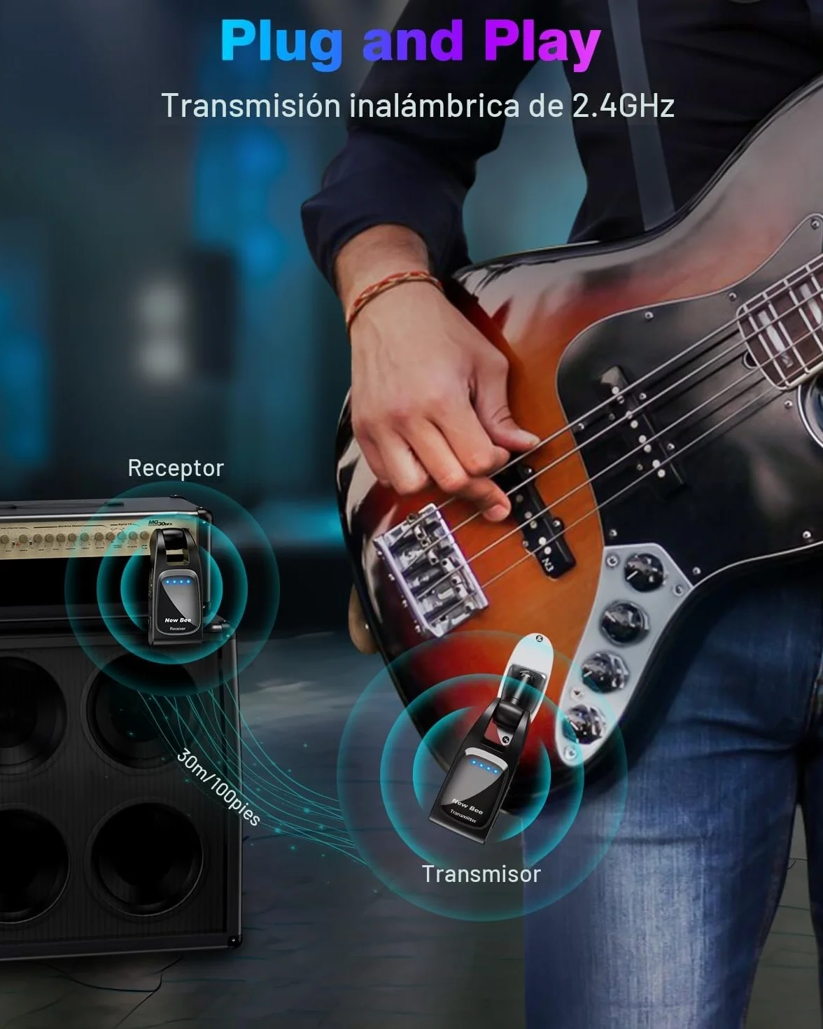 Sistema Inalámbrico de guitarra,New Bee 2.4GHz con 6 Canales de Audio Recargable Transmisor Receptor Inalámbrico de Guitarra para Guitarra bajo Instrumentos Eléctricos(Negro)