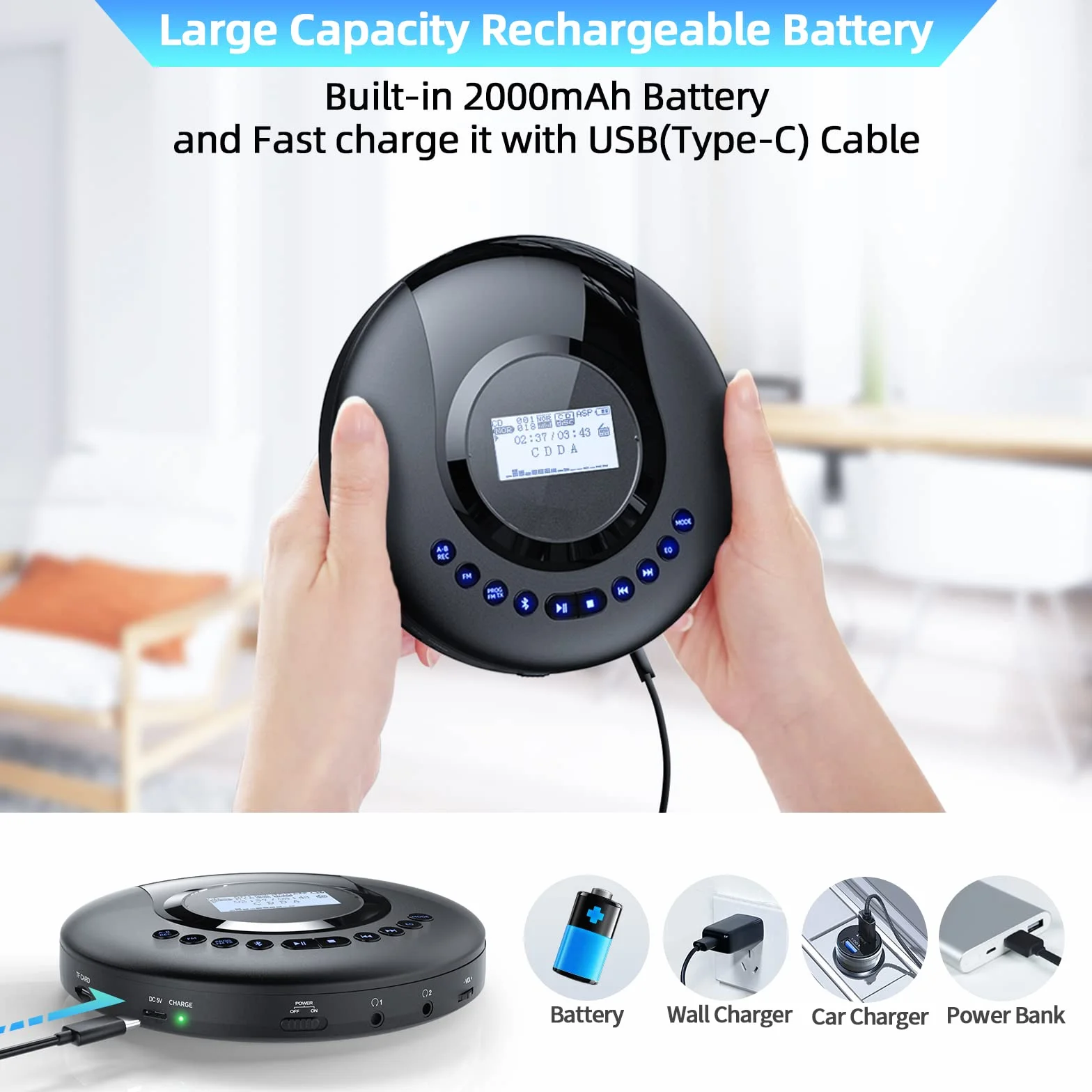 Arafuna Reproductor de CD portátil, Reproductor CD Bluetooth para Coche y niños, Discman CD portatil Recargable de 2000 mAh, protección a Prueba de Golpes, Radio FM, Tomas de Auriculares duales