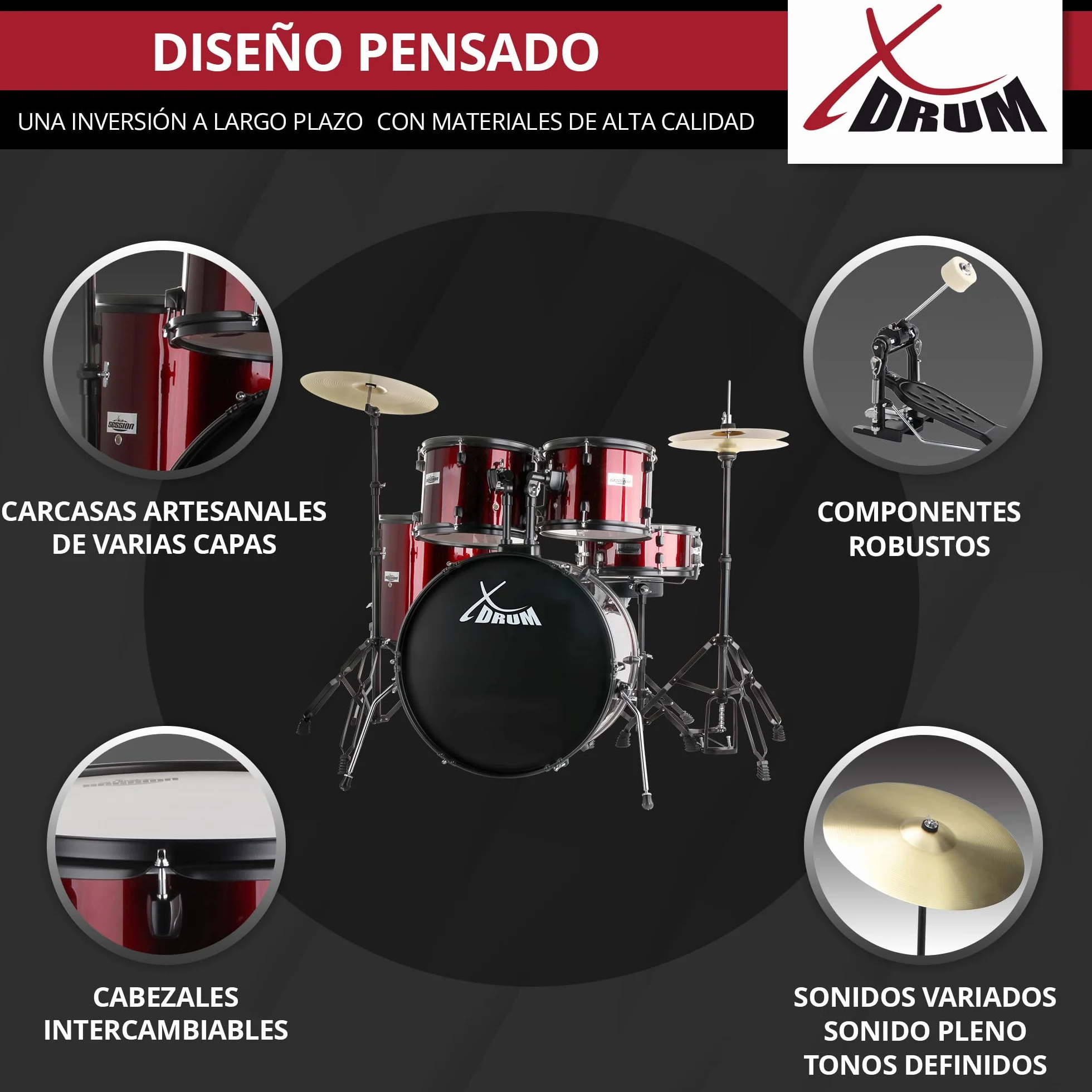 XDrum Rookie 22" Standard Juego Completo de Batería Ruby Red - Ideal para Principiantes - Hardware Estilizada en Negro - Incluye Baquetas 5B, Manual de Montaje y Escuela de Batería - Rojo