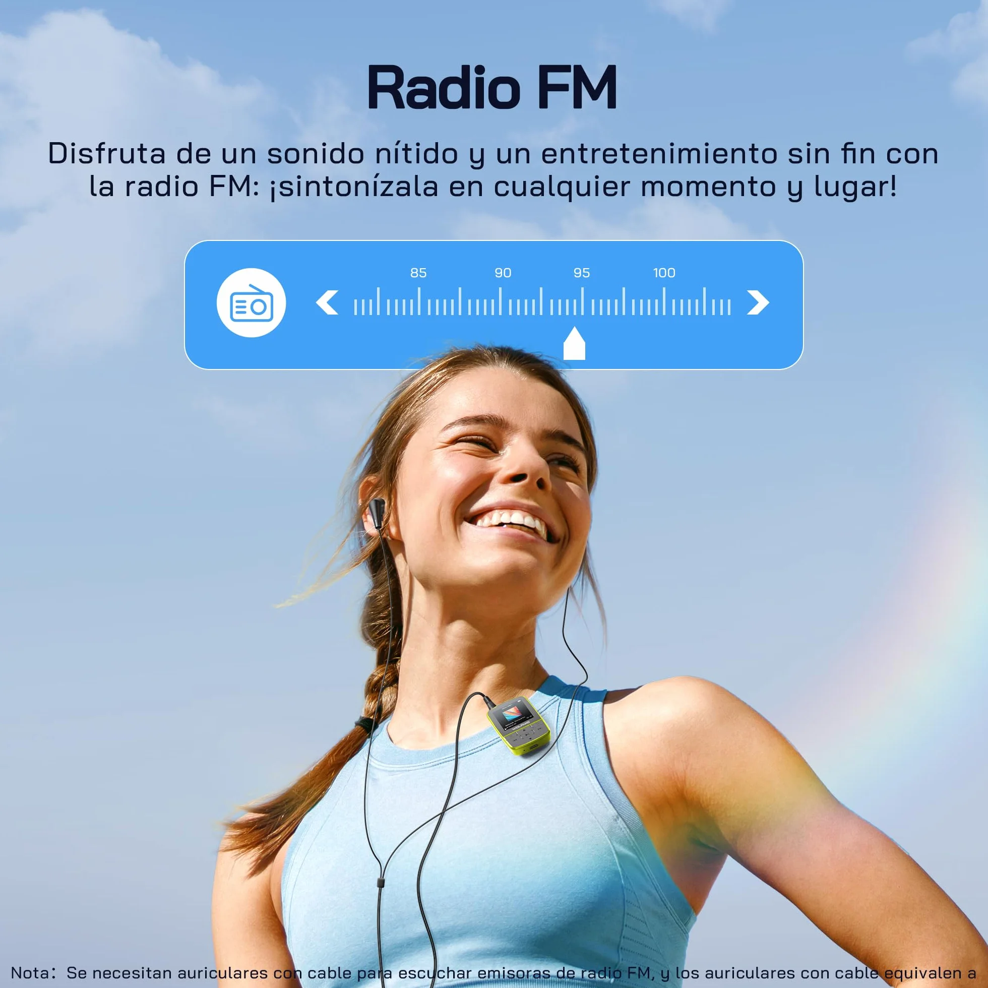 WOLFANG Reproductores de MP3 con Bluetooth 5.2, Clip Deportivo, tamaño Mini, Peso de 1 Onza, Radio FM HiF, grabadora de Voz, Auriculares incluidos, Verde Fluorescente