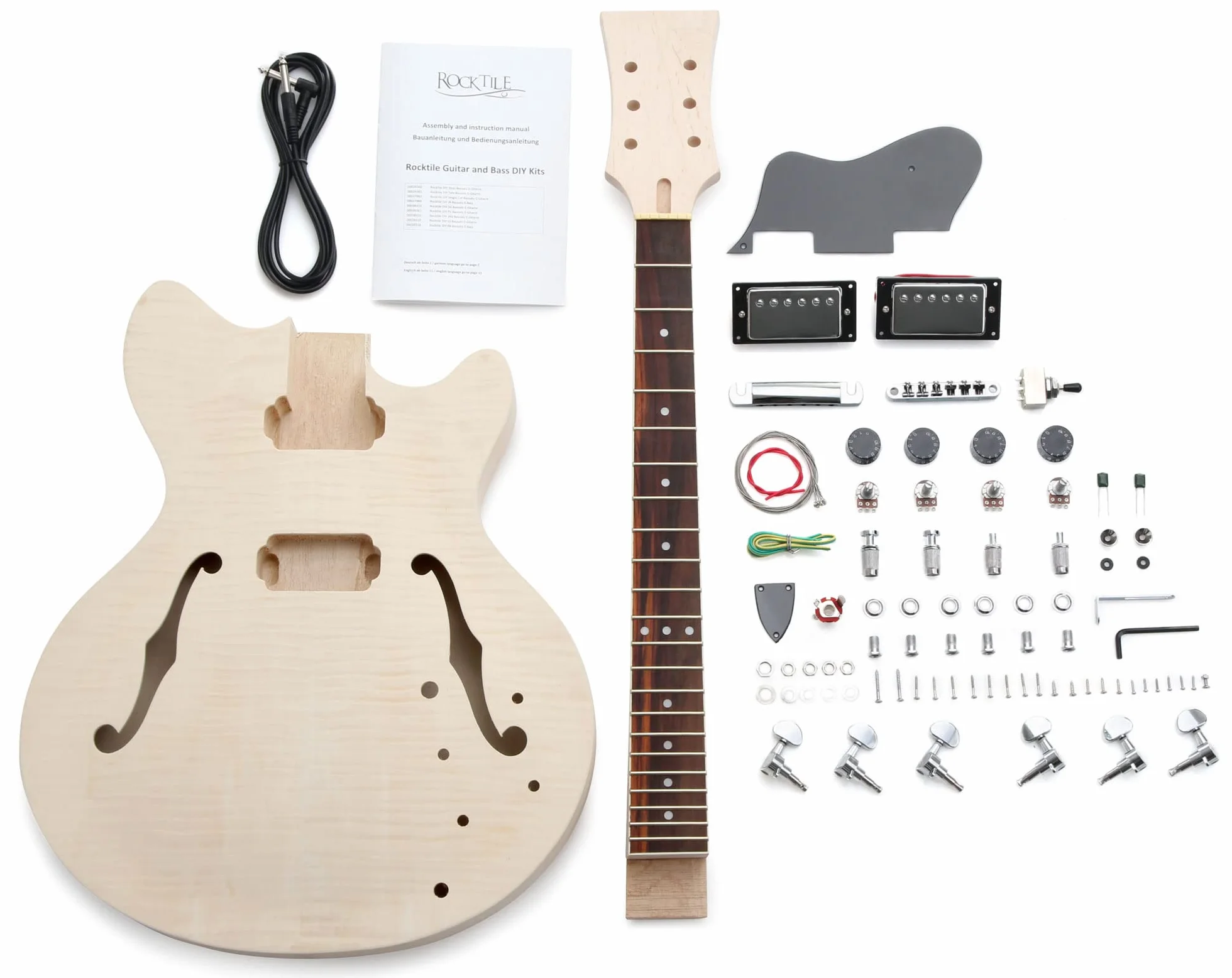 Kit De Guitarra Eléctrica Rocktile HB-Style - Kit DIY Semi-Hollow Con Diapasón De Palisandro, Cuerpo De Paulownia Con Sustainblock, Mástil De Arce Para Encolar - 2 Humbucker