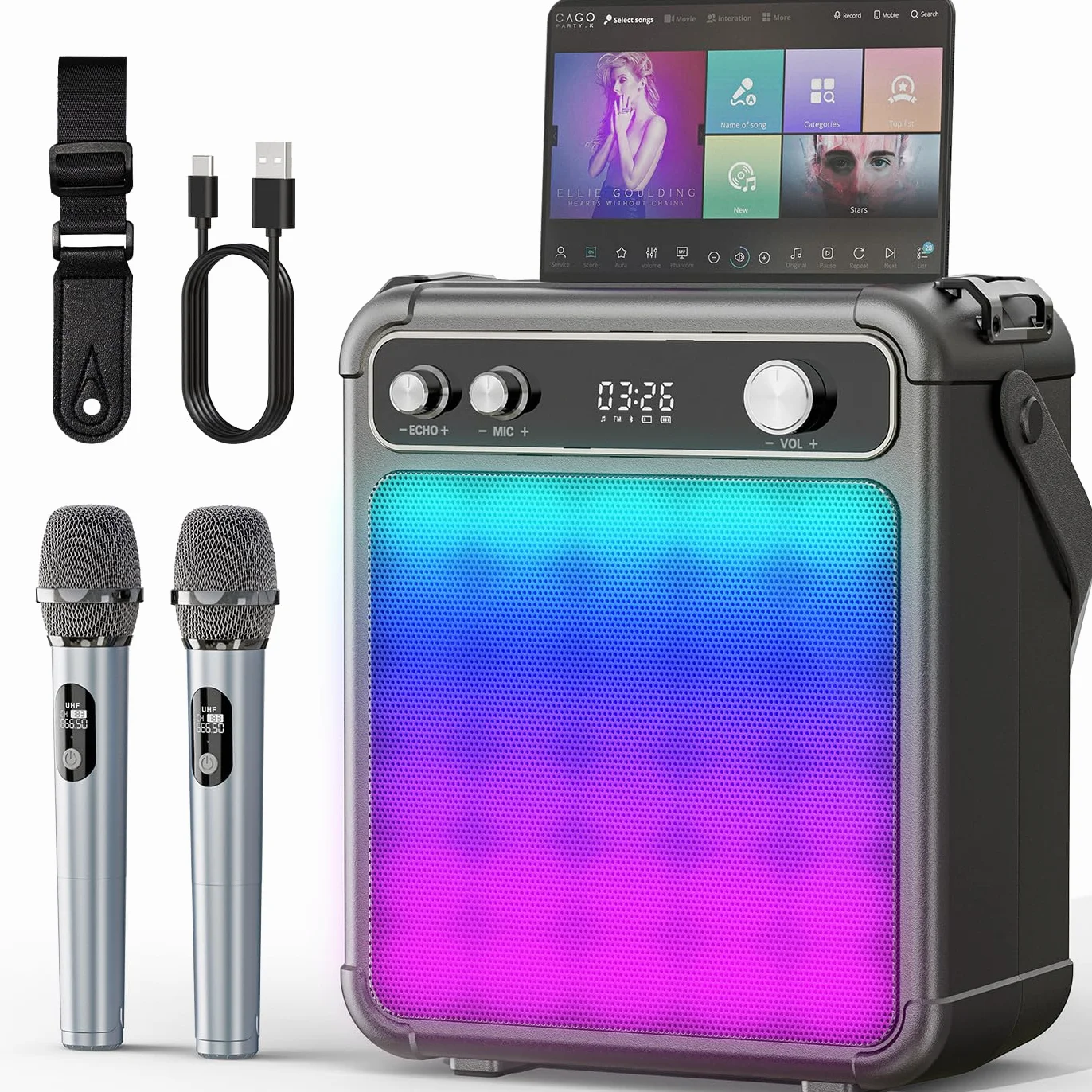 Máquina de Karaoke con 2 micrófonos inalámbricos, Altavoz Karaoke Profesional para Adultos, Bluetooth portátil con Luces LED,para Fiestas,Regalo,al Aire Libre.Sostener TF/USB/TWS/Mic/AUX
