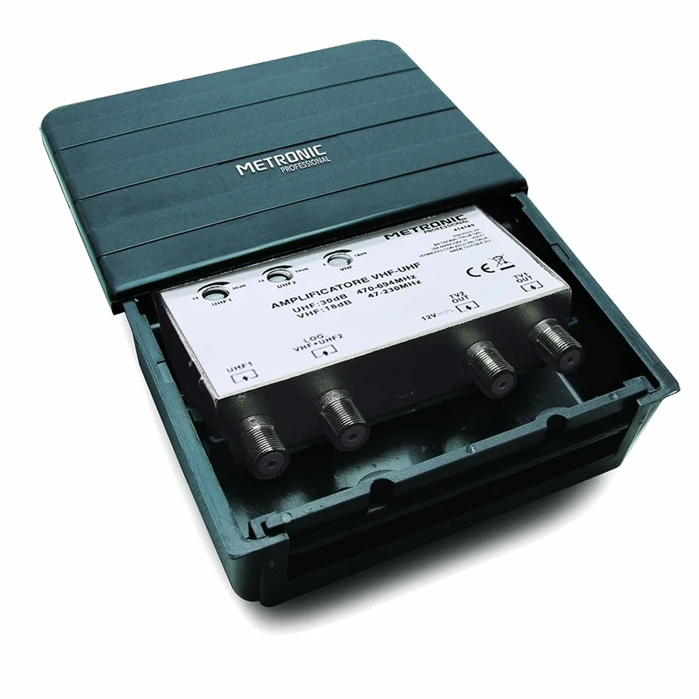 Metronic 414140 - Amplificador/Acoplador exterior VHF/UHF para TDT, compatible 5G, VHF 18 dB, UHF 30 dB, Ganancia Ajustable, 2 entradas / 2 salidas tipo F