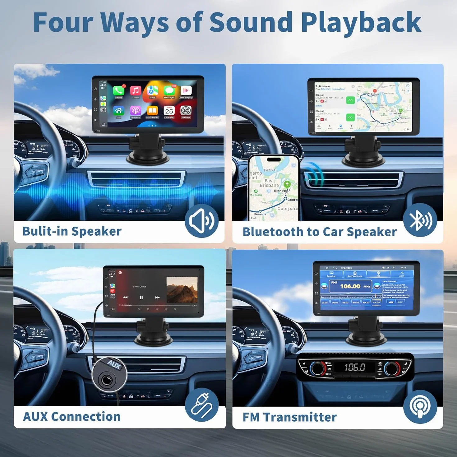 Pantalla Coche con CarPlay y Android Auto Inalámbrica - Pantalla Carplay de 7 Pulgadas con Mirror Link - Portátil Radio Coche con Asistencia de Voz/FM/AUX/Cámara Trasera