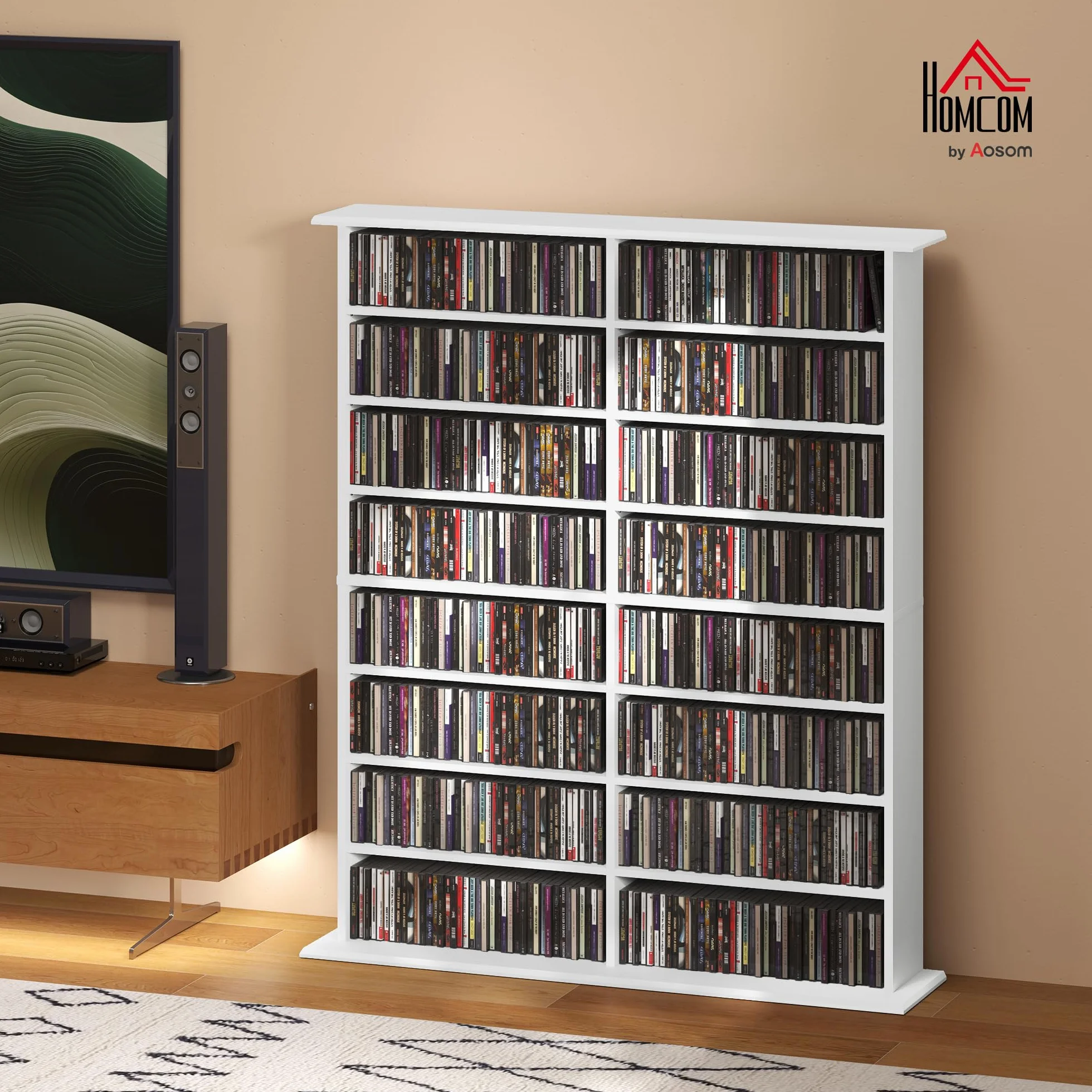 Unidad de Almacenamiento de CD y DVD HOMCOM, Unidad de Almacenamiento Multimedia con 16 Compartimentos y 12 estantes Ajustables, Capacidad máx. 720 CD/396 DVD y BLU-Ray, 106,5 x 24 x 123,7 cm, Blanco