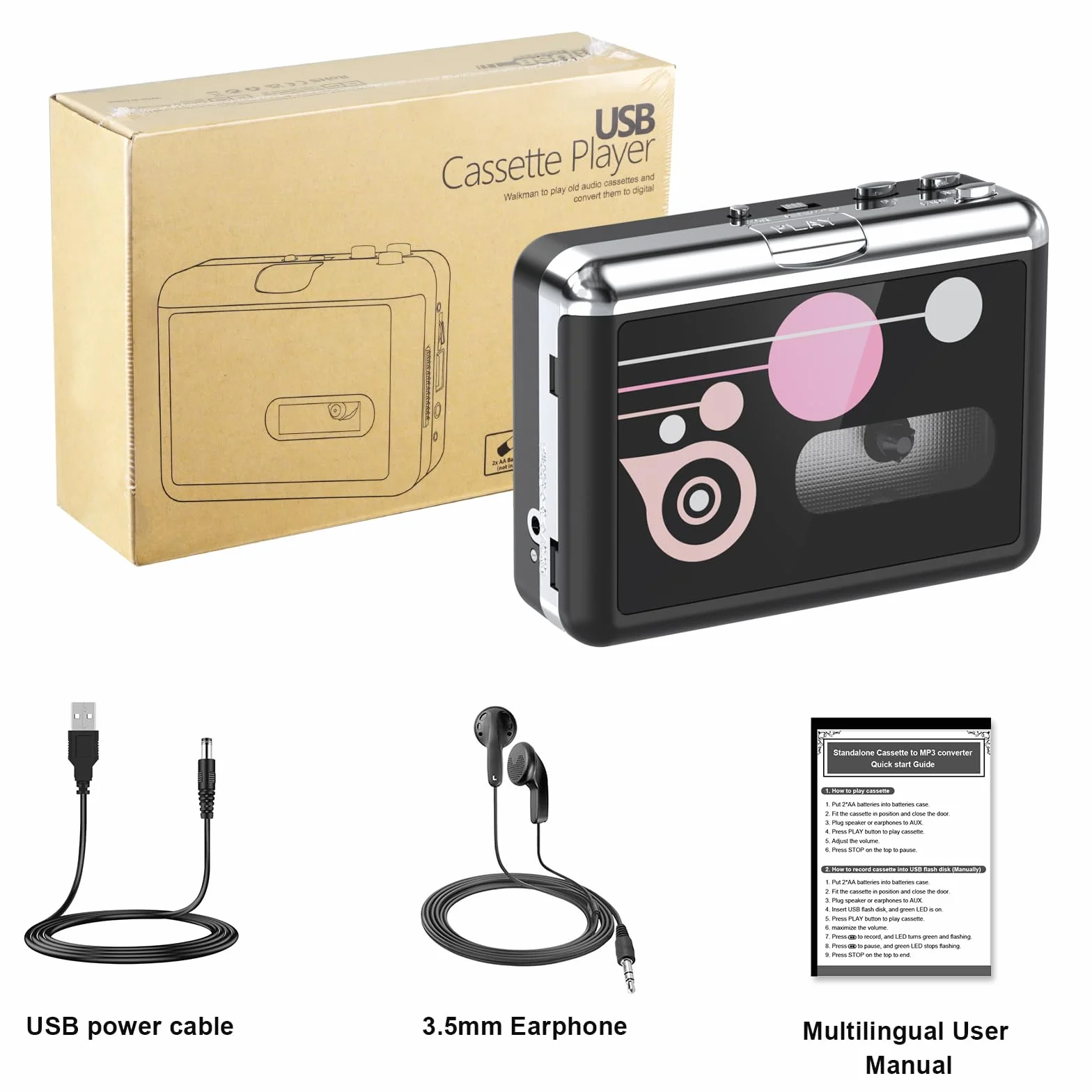 Reproductor de Casetes Portátil, Convertidor USB a MP3, Audio de Cinta a Digital con Auriculares