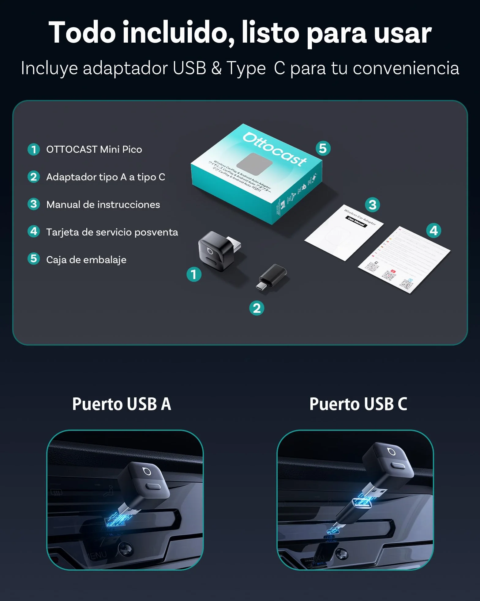 OTTOCAST Mini Pico 2026 Adaptador Inalámbrico CarPlay y Android Auto, Botón Inteligente, 5-8s Conexión Automática, USB-A/C, Actualización OTA, Conexión con Cable a Inalámbrica (iOS 10+/Android 11+)