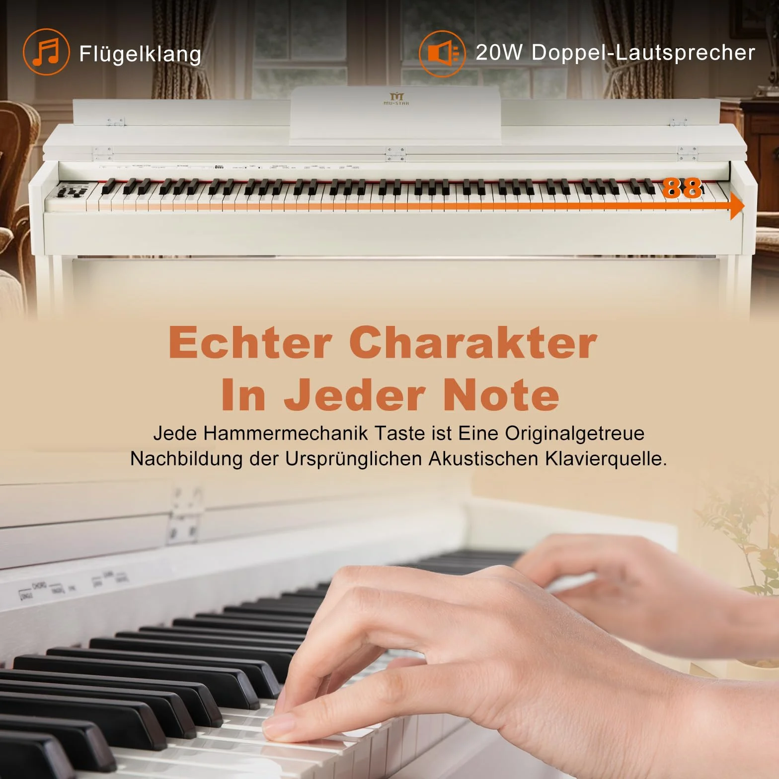 MUSTAR Piano electrónico de 88 teclas con mecanismo de martillos, piano digital, piano electrónico con 3 pedales, sistema de control doble, USB/MIDI, clásico profesional (Blanco)
