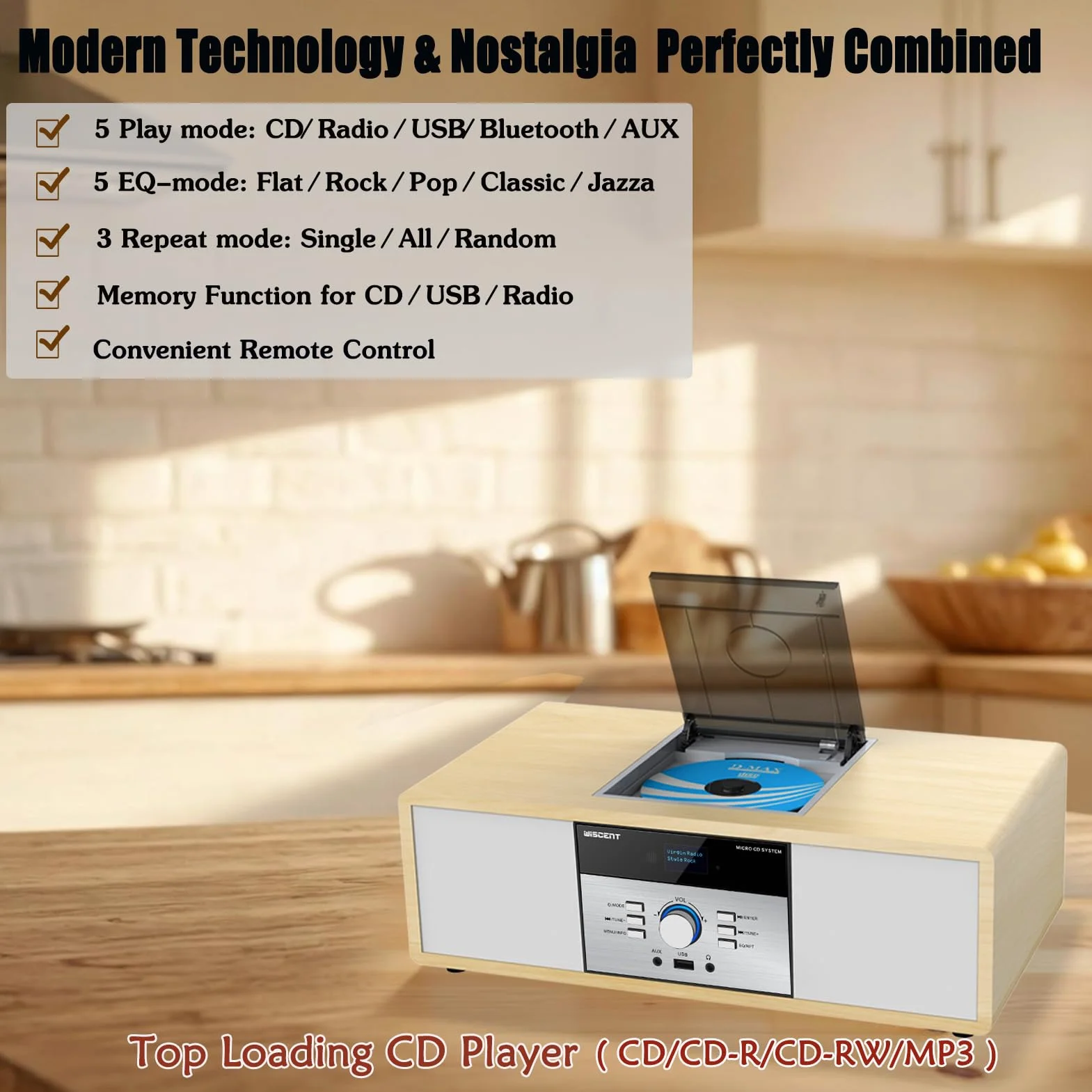 Microcadena Vintage Madera Bluetooth USB AUX 30W Control Remoto