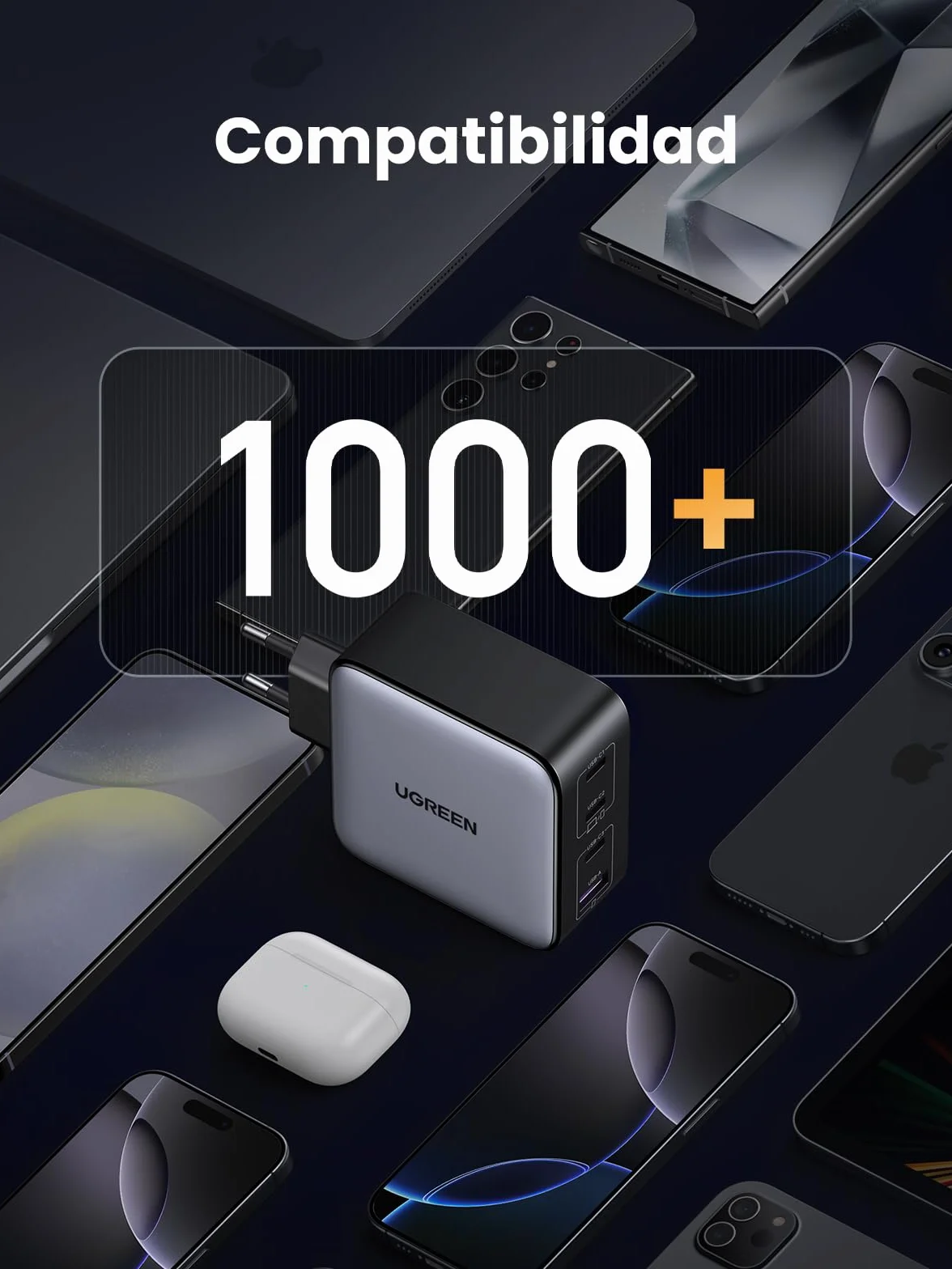 UGREEN Nexode 100W Cargador USB C Carga Rápida Multidispositivo con 4 Puertos Compatible con iPhone 17 Pro MAX Air 16 15 14 13 Galaxy S26 25 24 Pixel 10 Pro iPad MacBook M5 M4 Steam Deck