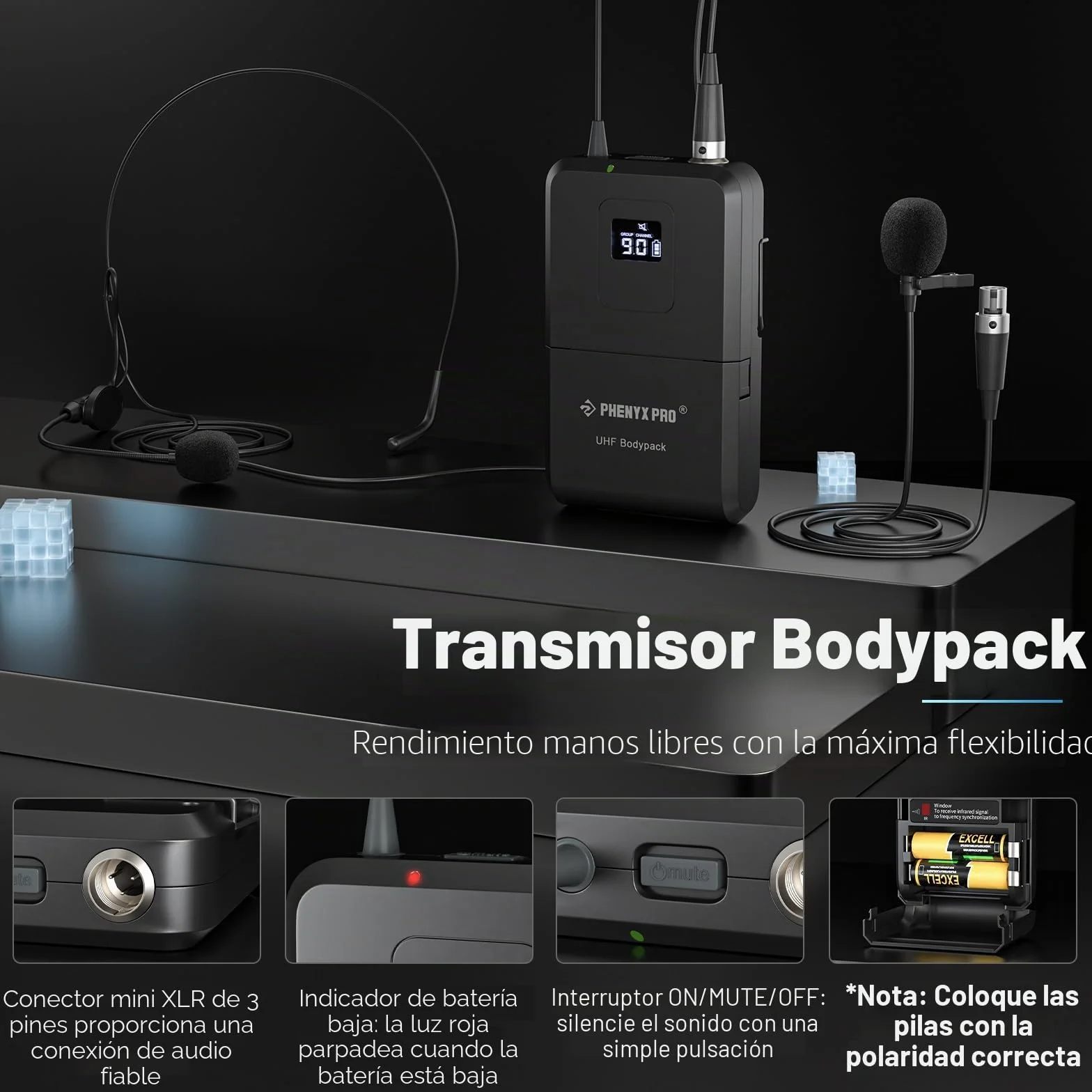 Phenyx Pro Sistema de micrófono inalámbrico, Juego de microfono Karaoke de Doble Canal con Mano/bodypack/Auriculares/Solapa, 2x100 Canales, Ideal para Eventos, Iglesia (PTU-71B)