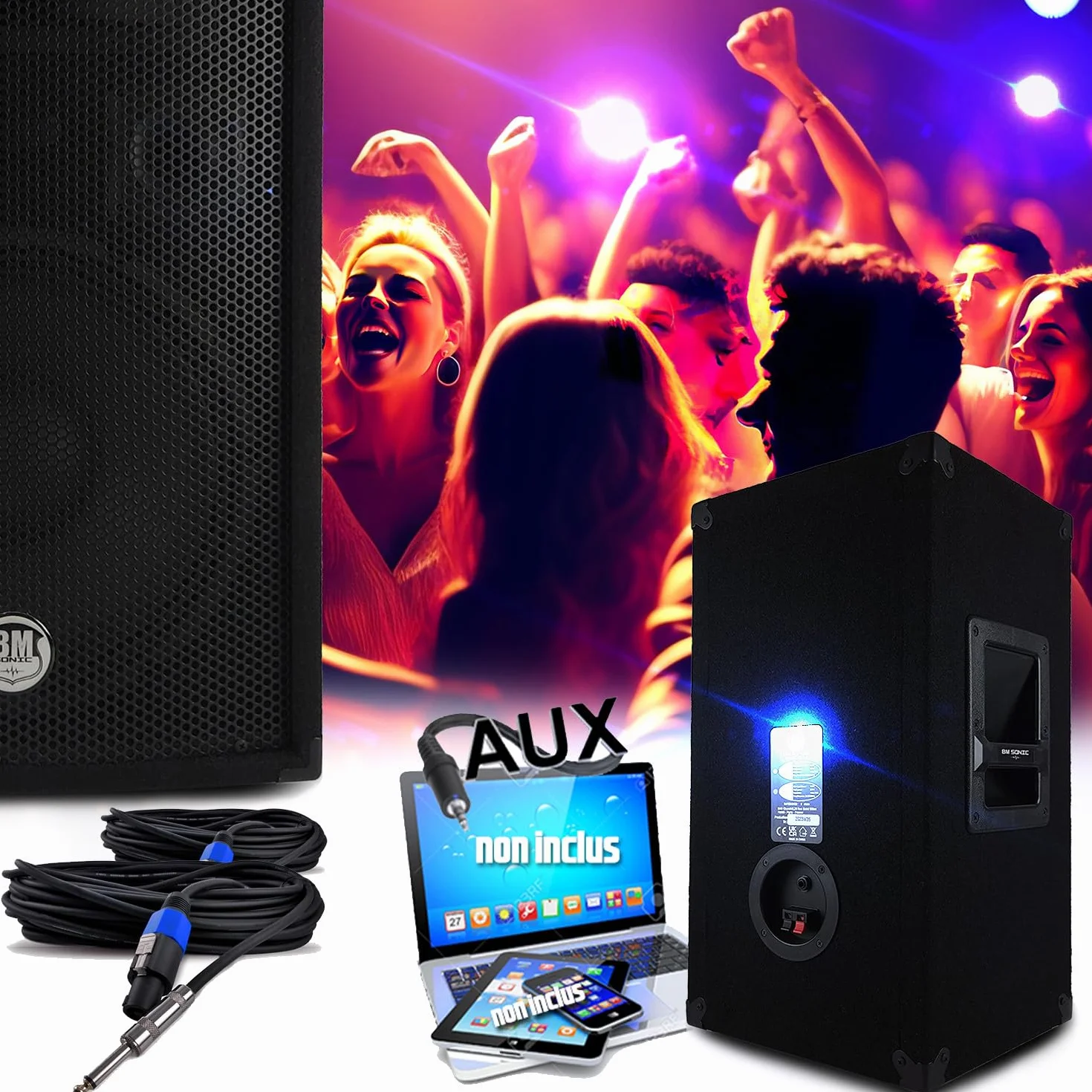 Paquete de sonido de 3200 W, juego completo de altavoces pasivos, 2 x 600 W, mesa de mezclas, 4 luces Xperformer + LED-UFO, patas de soporte