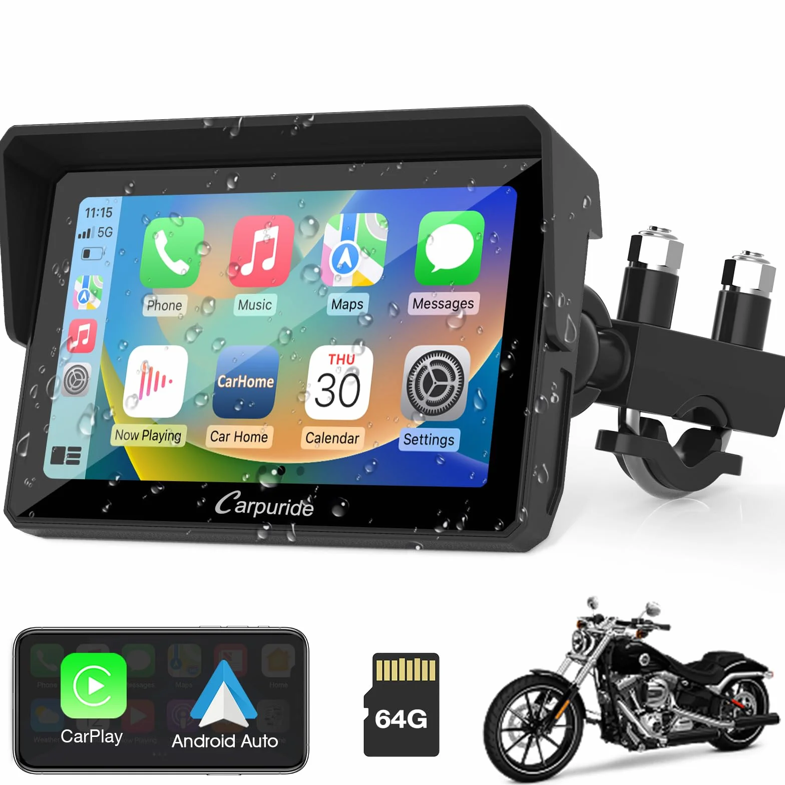 Carpuride W502 Estéreo Portátil Inalámbrico para Motocicleta IP67 Pantalla Táctil 5 Pulgadas GPS