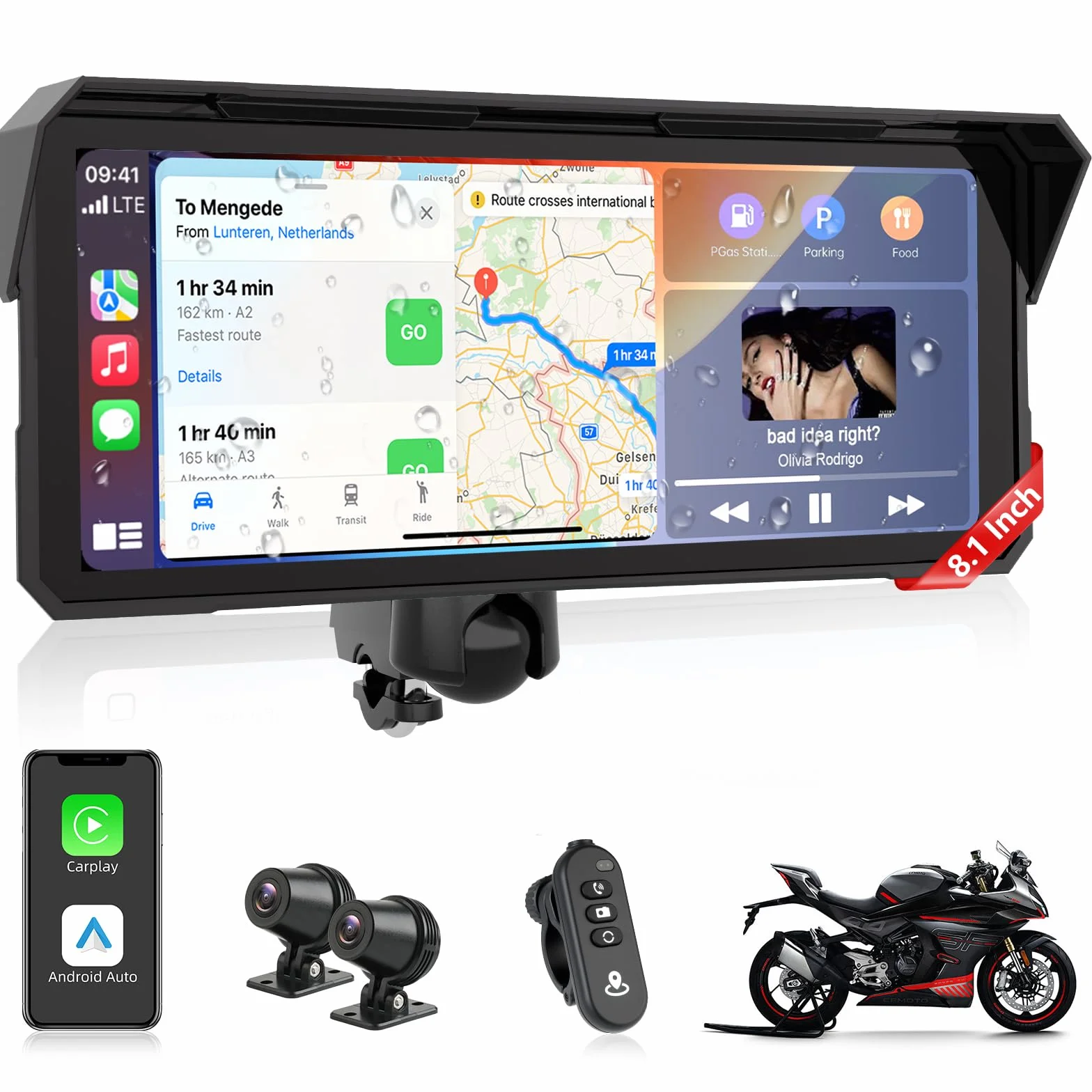 Jansite Cámara de salpicadero 4K de 8,1 pulgadas para motocicleta, pantalla CarPlay Android Auto, navegador de motocicleta IPX7 resistente al agua, GPS dispositivos de navegación para motocicletas con