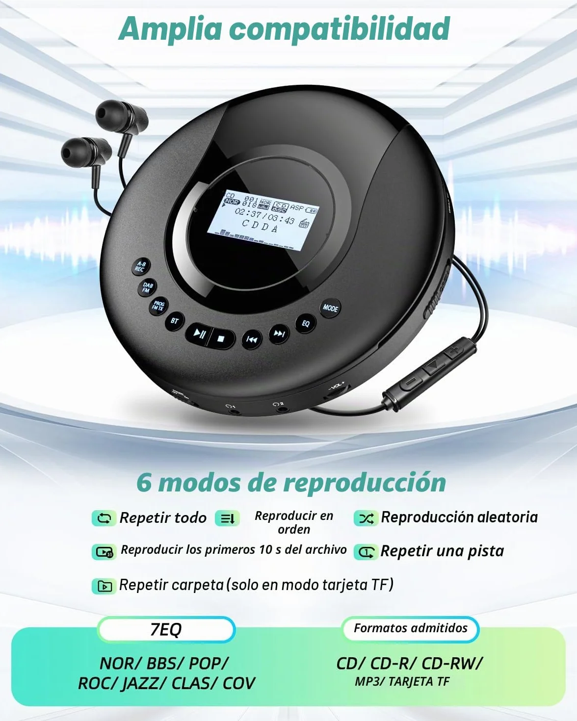 Reproductor de CD portátil con Bluetooth, Radio DAB+/FM, Discman, CD-R/RW, Batería 2000 mAh, Negro