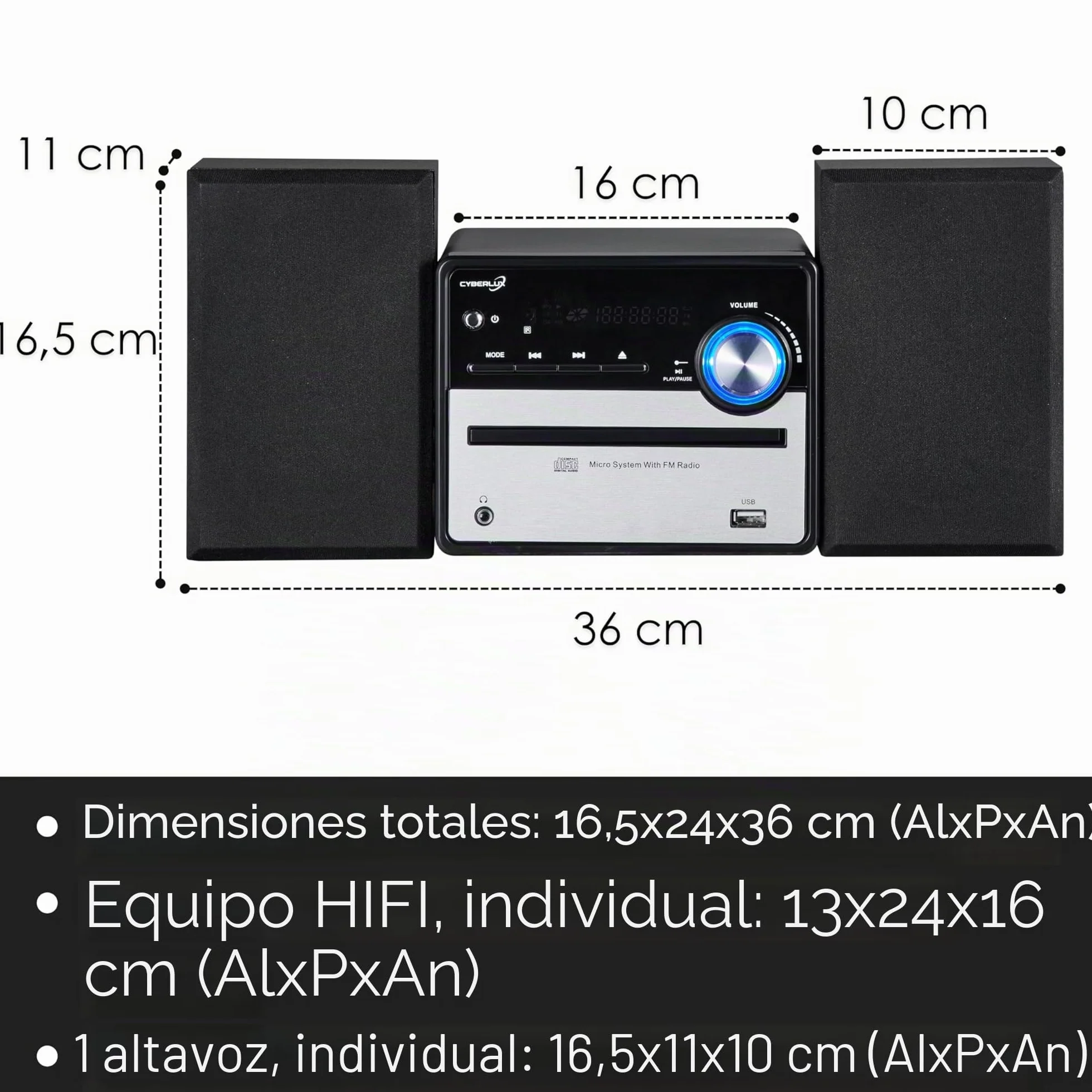 Sistema de música retro Hi-Fi, estéreo, compacto, USB, salida de línea, CD/MP3, radio FM, 30 plazas de memoria, pantalla LED, mini HiFi, estéreo con cajas