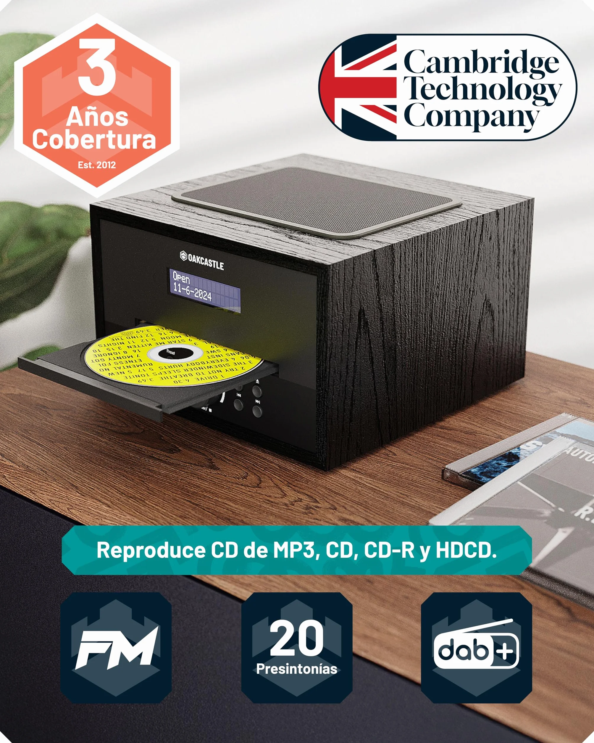 Reproductor de CD | Microcadena HiFi Bluetooth con Radio Dab+ y FM | Equipo de Música con Altavoces 40W y Doble Alarma | USB (Solo reproducción), AUX, Mando a Distancia | Oakcastle DAB400