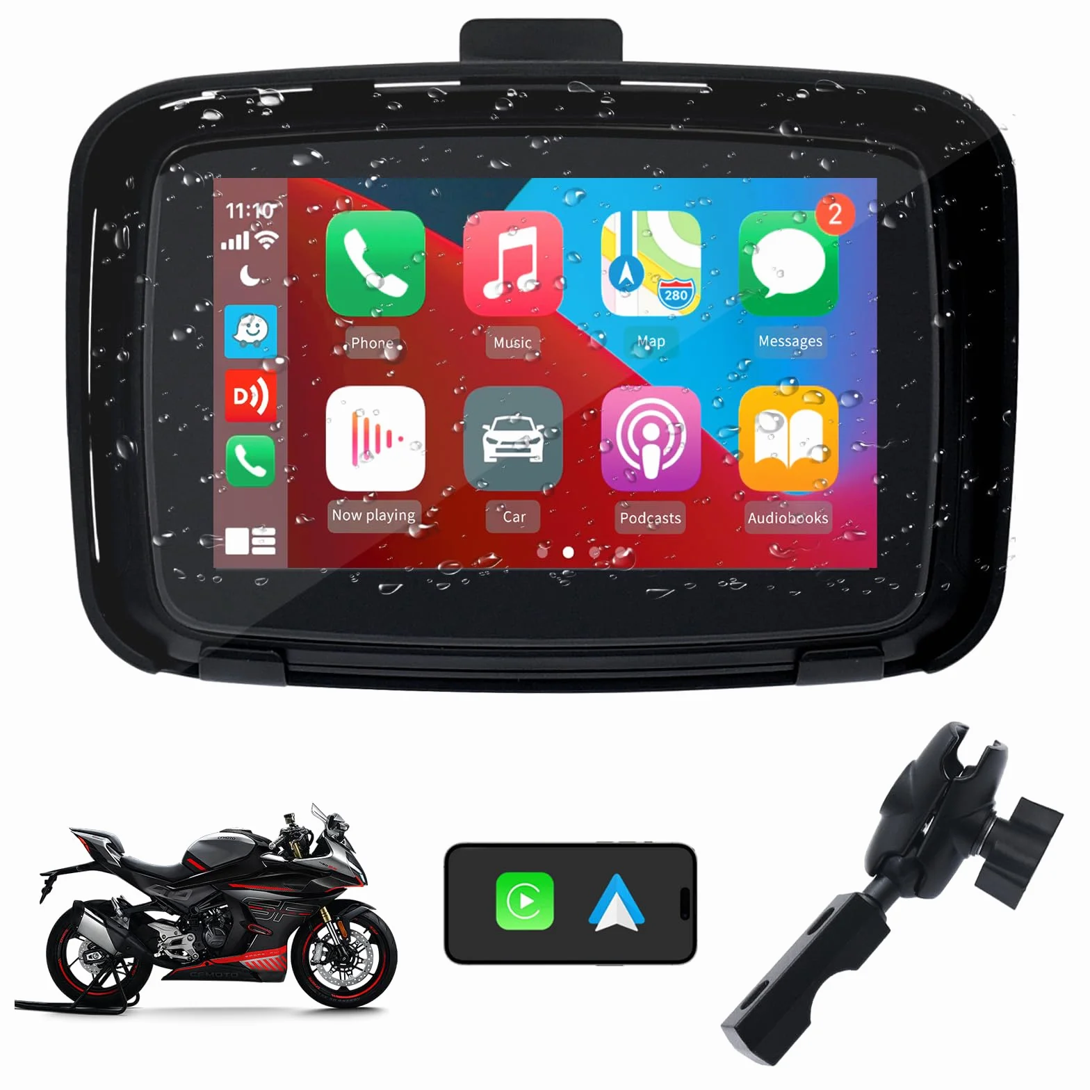 KAOLALI Pantalla Carplay para Motocicleta CarPlay Inalámbrico y Android Auto IP67 Impermeable Táctil de 5 Pulgadas Estéreo Portátil Inalámbrico para Moto Compatible con Navegación GPS, Siri