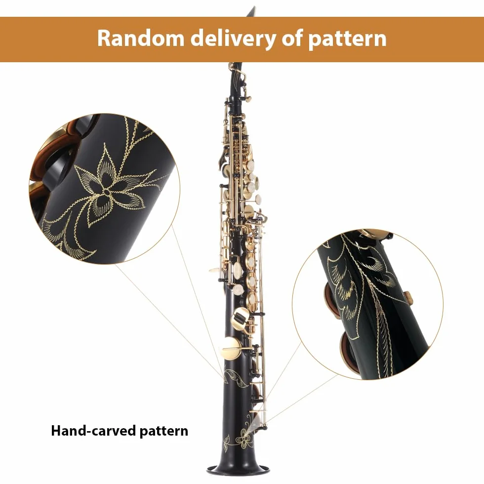 HUIOP Saxofón soprano recto de latón Saxofón Bb B Instrumento de viento de madera plano Patrón tallado de llave de concha natural con estuche de transporte Guantes Paño de limpieza Correas Varilla de