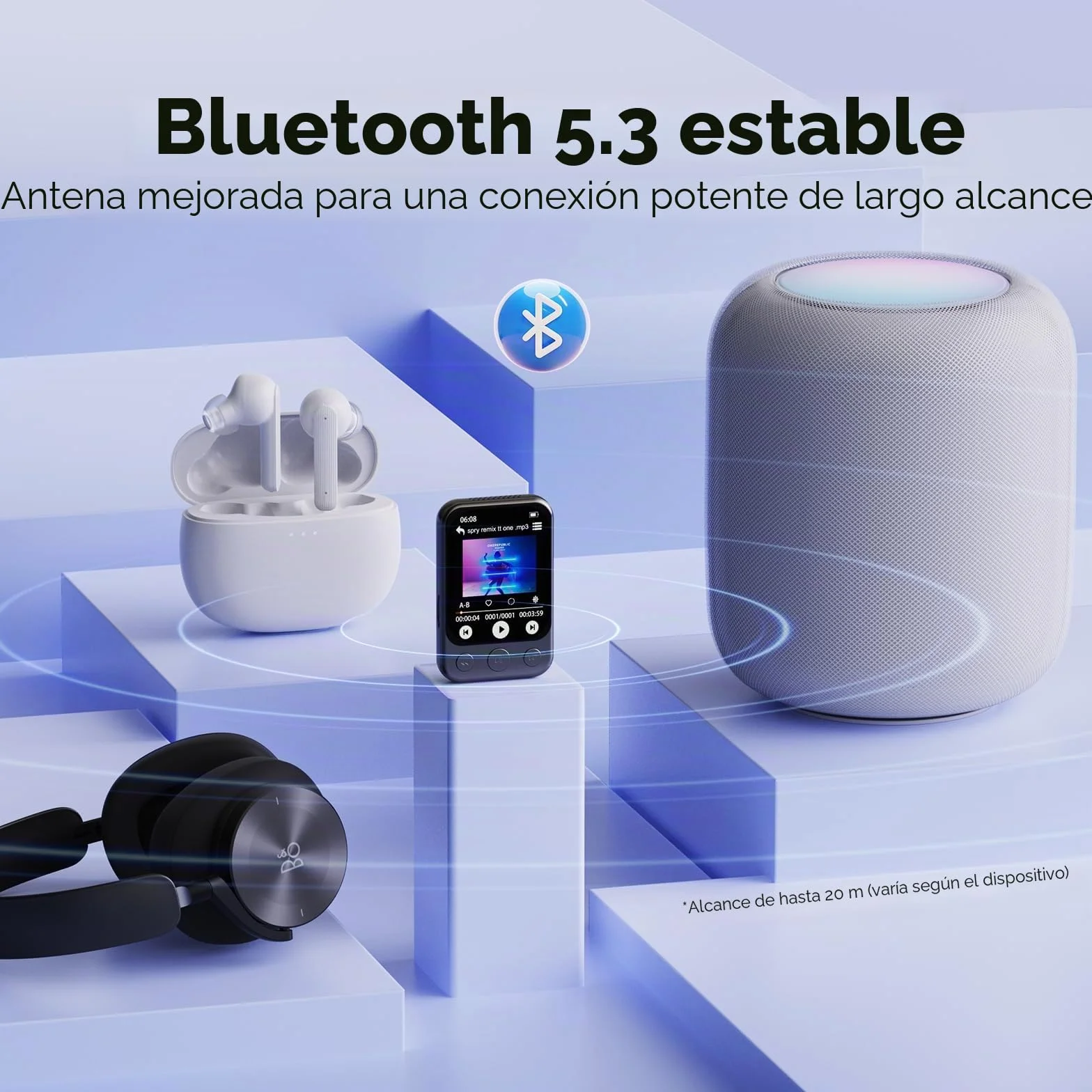 64GB Reproductor MP3 Bluetooth 5.3 con Clip y Altavoz, Reproductor de Música Deportivo con Pantalla Táctil y Botones, Control de Volumen Independiente, Radio FM, Ampliable hasta 128GB